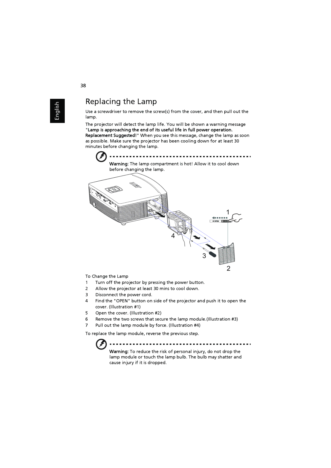 Acer P7200i, P7205, P7203 manual Replacing the Lamp 