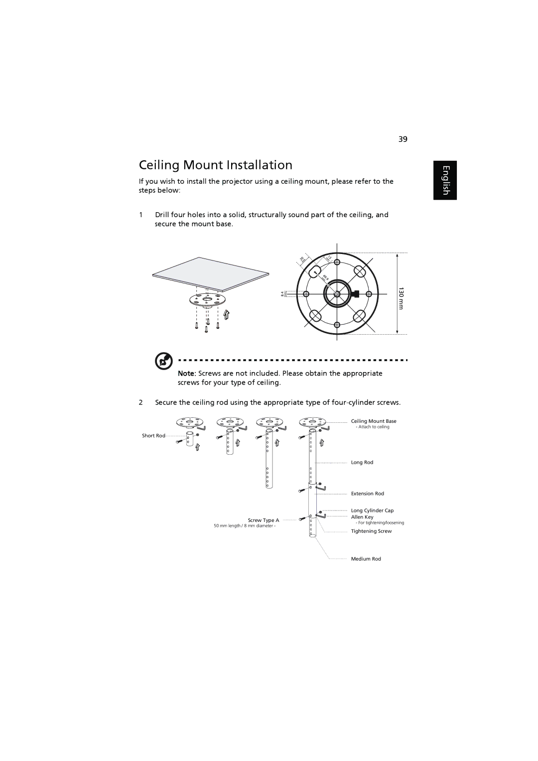 Acer P7205, P7200i, P7203 manual Ceiling Mount Installation 