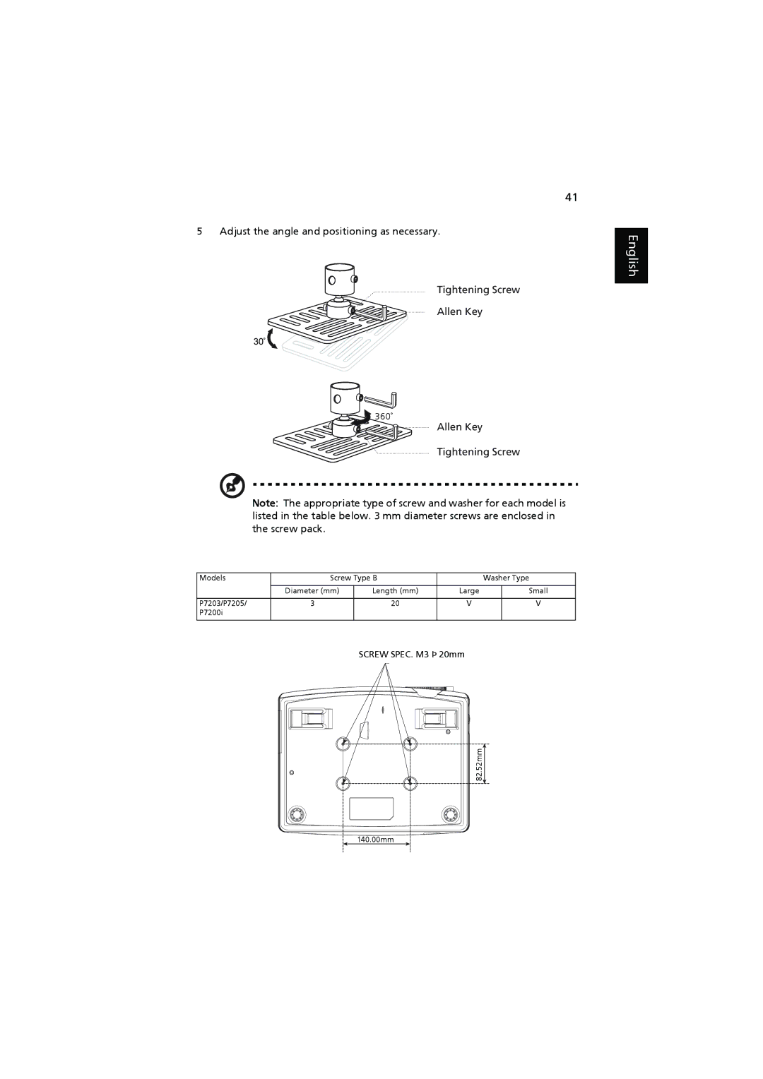 Acer P7200i, P7205, P7203 manual Screw SPEC. M3 Þ 20mm 