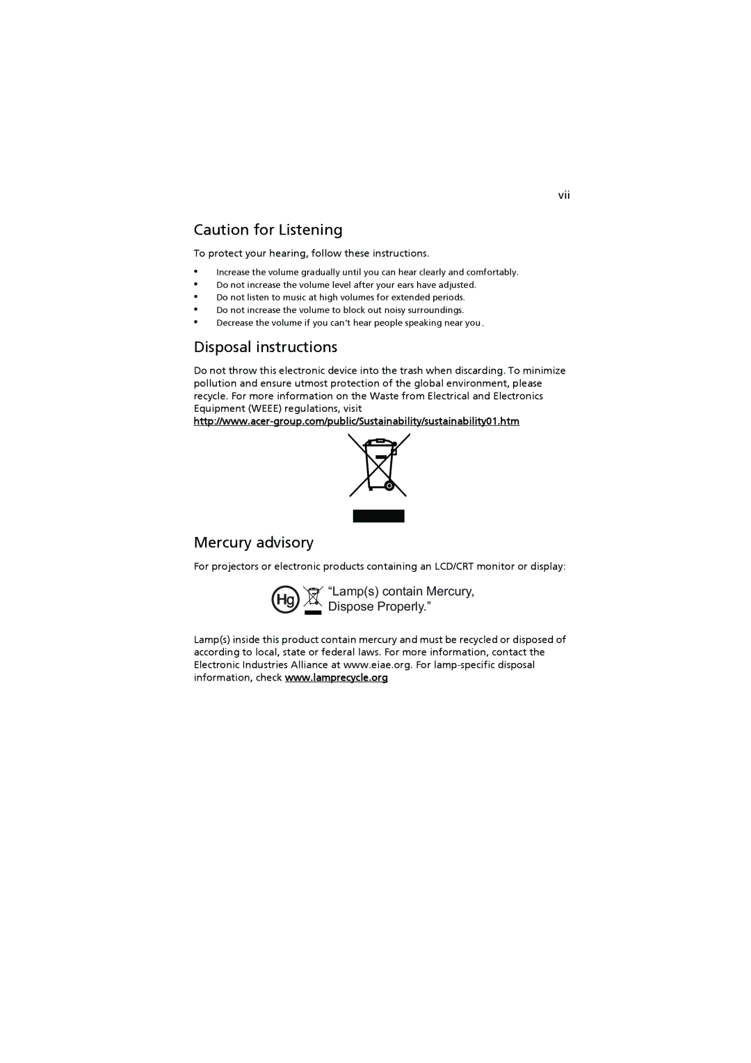 Acer P7205, P7200i, P7203 manual Disposal instructions Mercury advisory, Lamps contain Mercury, Dispose Properly 