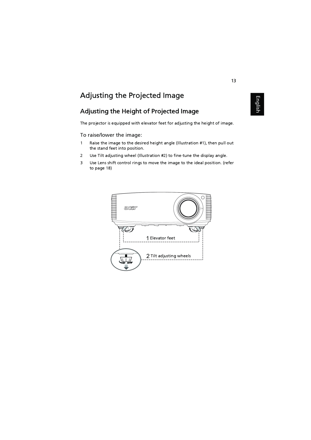 Acer P7203 manual Adjusting the Projected Image, Adjusting the Height of Projected Image, To raise/lower the image, English 