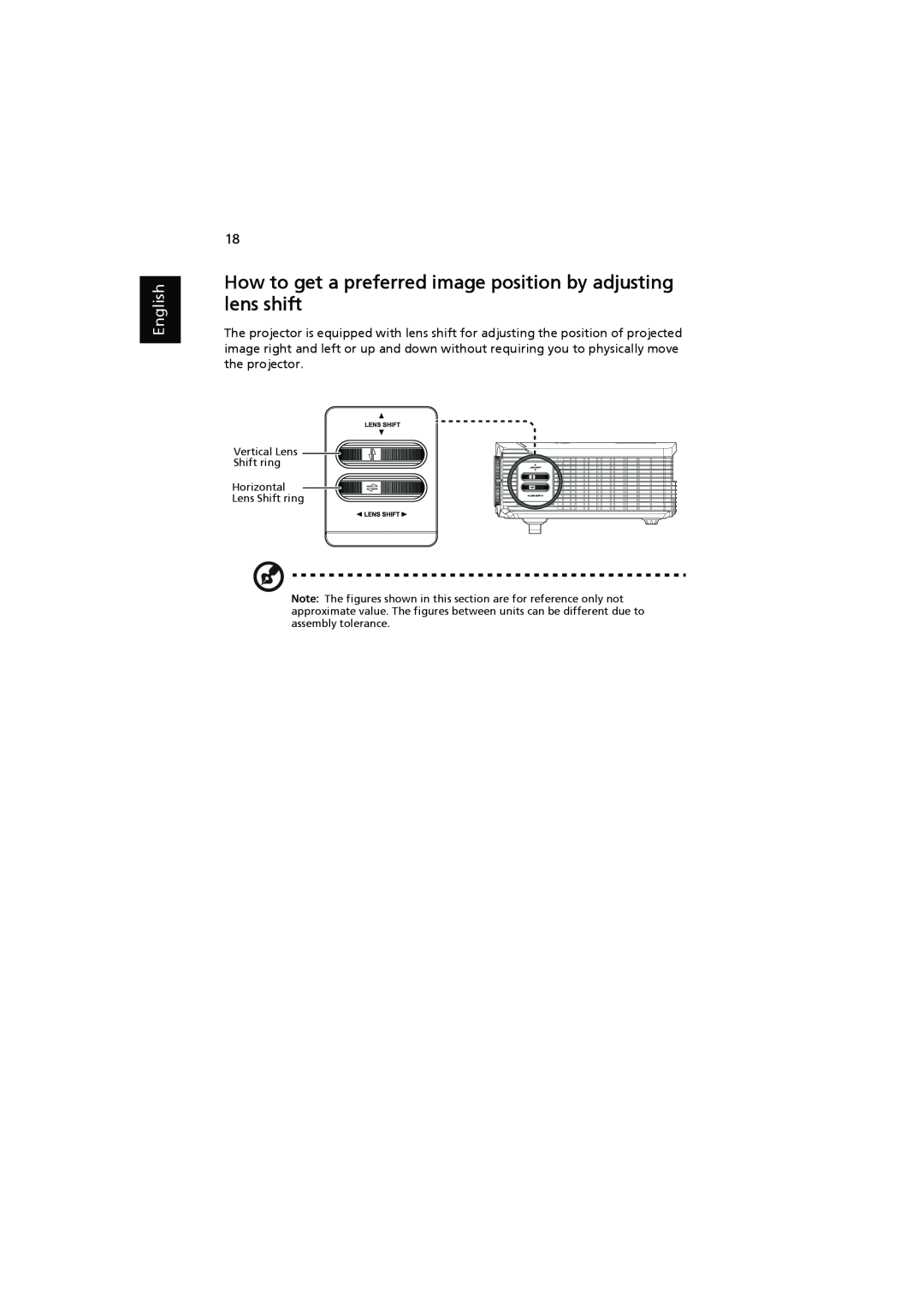 Acer P7205, P7200i, P7203 manual How to get a preferred image position by adjusting lens shift, English 