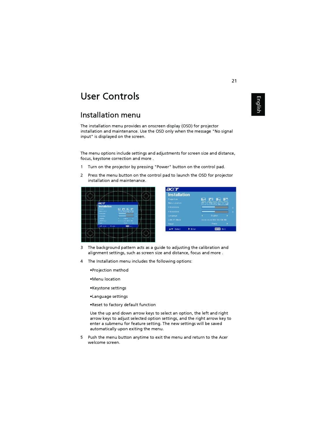 Acer P7205, P7200i, P7203 manual User Controls, Installation menu, English 