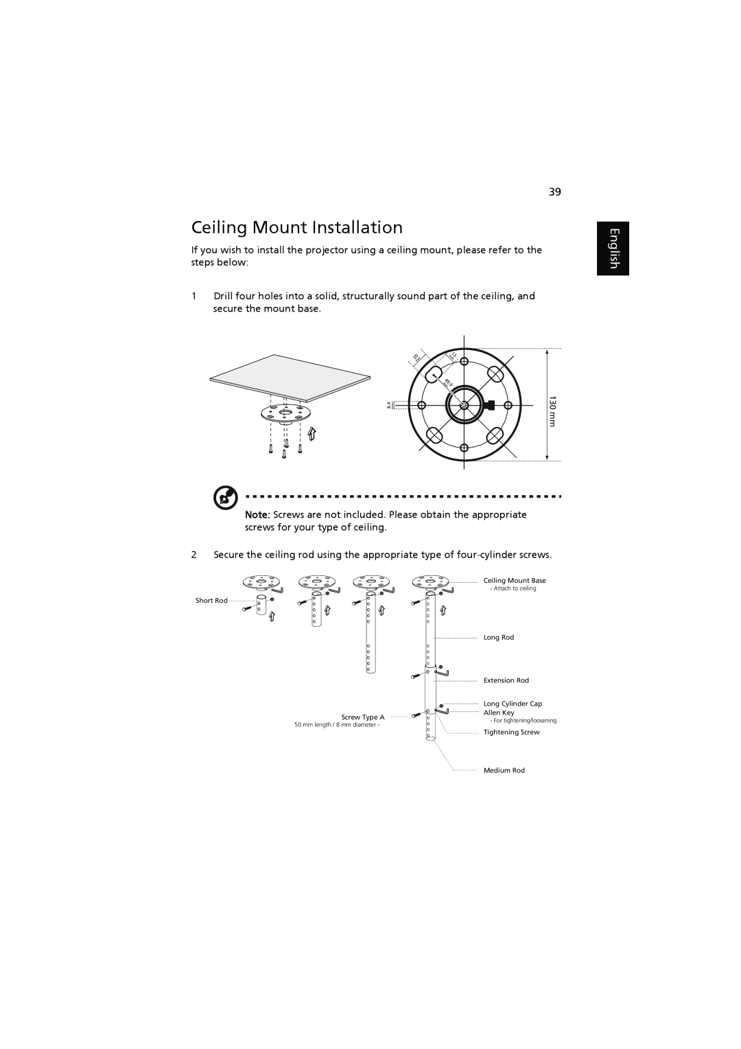 Acer P7205, P7200i, P7203 manual Ceiling Mount Installation, English 