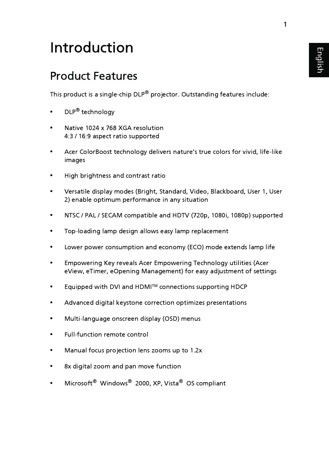 Acer P7280i Series, P7270i manual Introduction, Product Features 