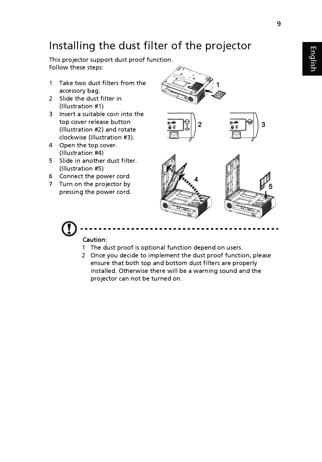 Acer P7280i Series, P7270i manual Installing the dust filter of the projector 