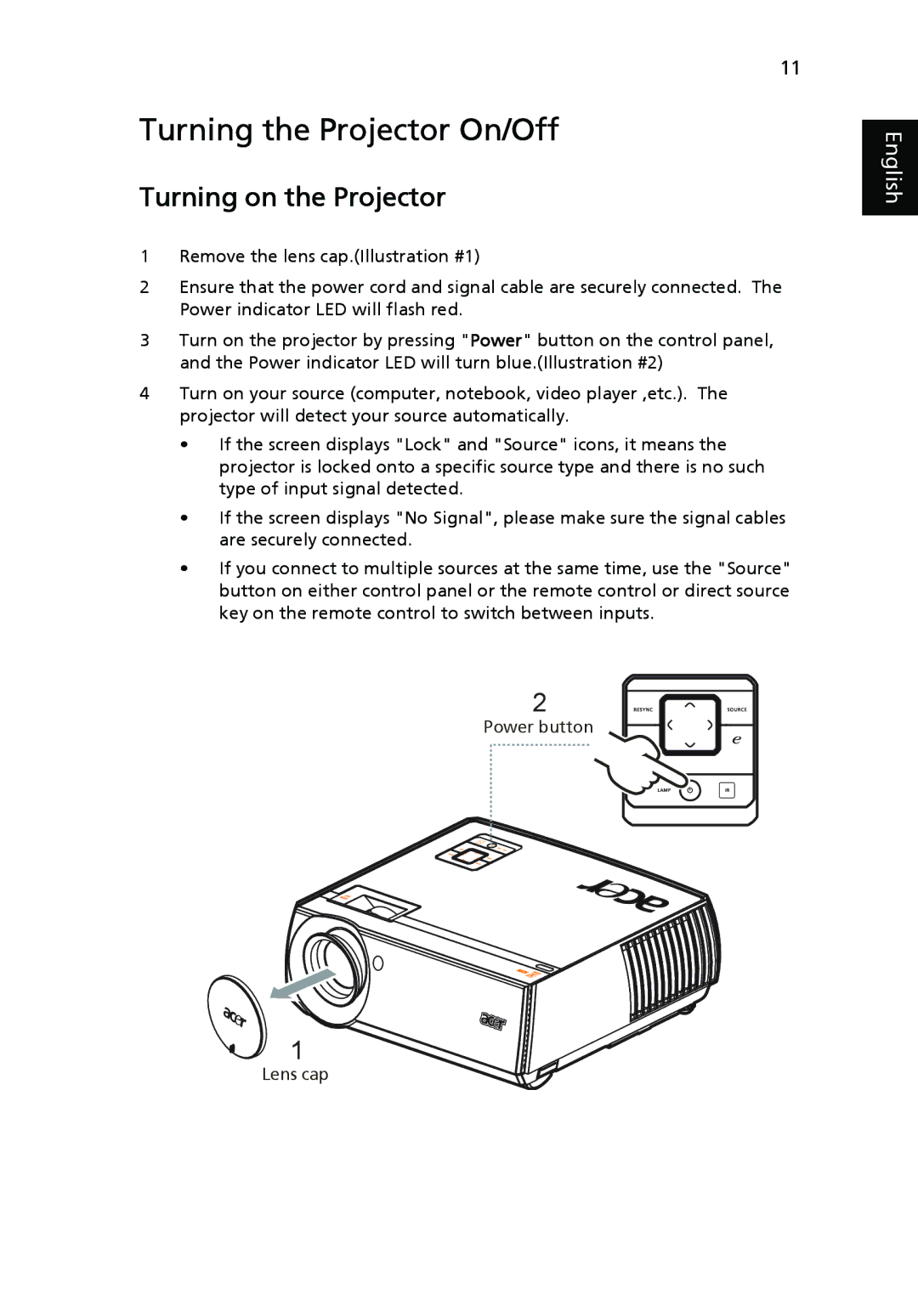 Acer P7270i, P7280i Series manual Turning the Projector On/Off, Turning on the Projector 