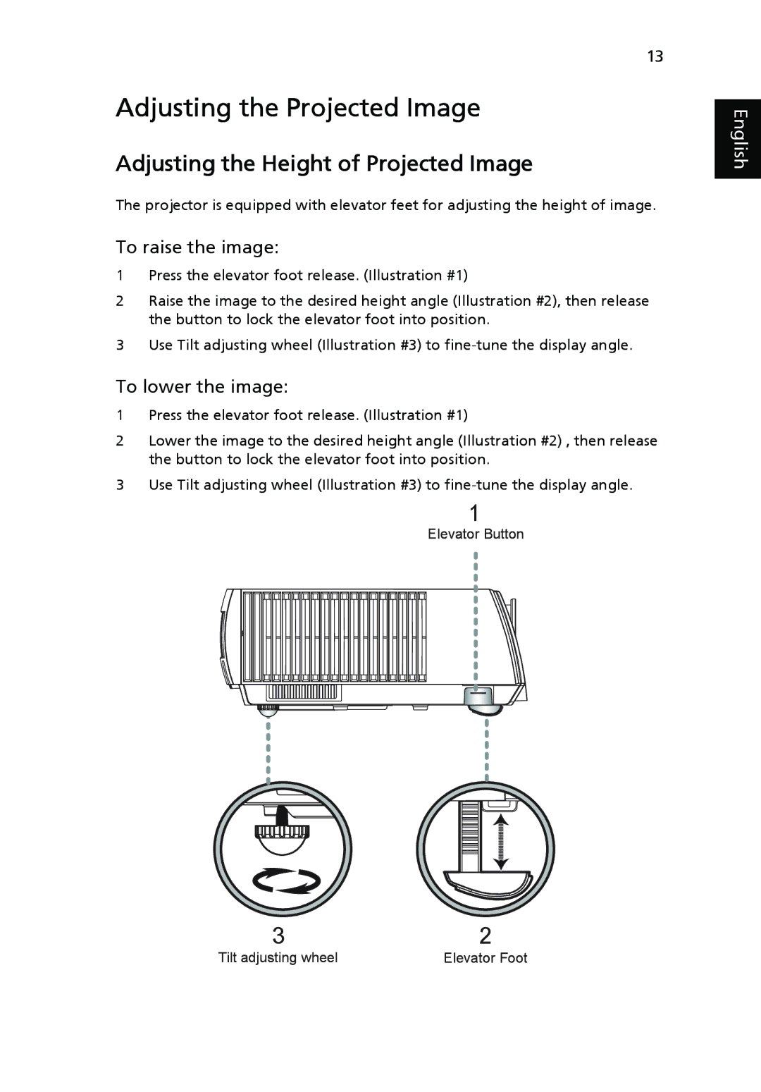 Acer P7280i Series, P7270i manual Adjusting the Projected Image, Adjusting the Height of Projected Image, To raise the image 