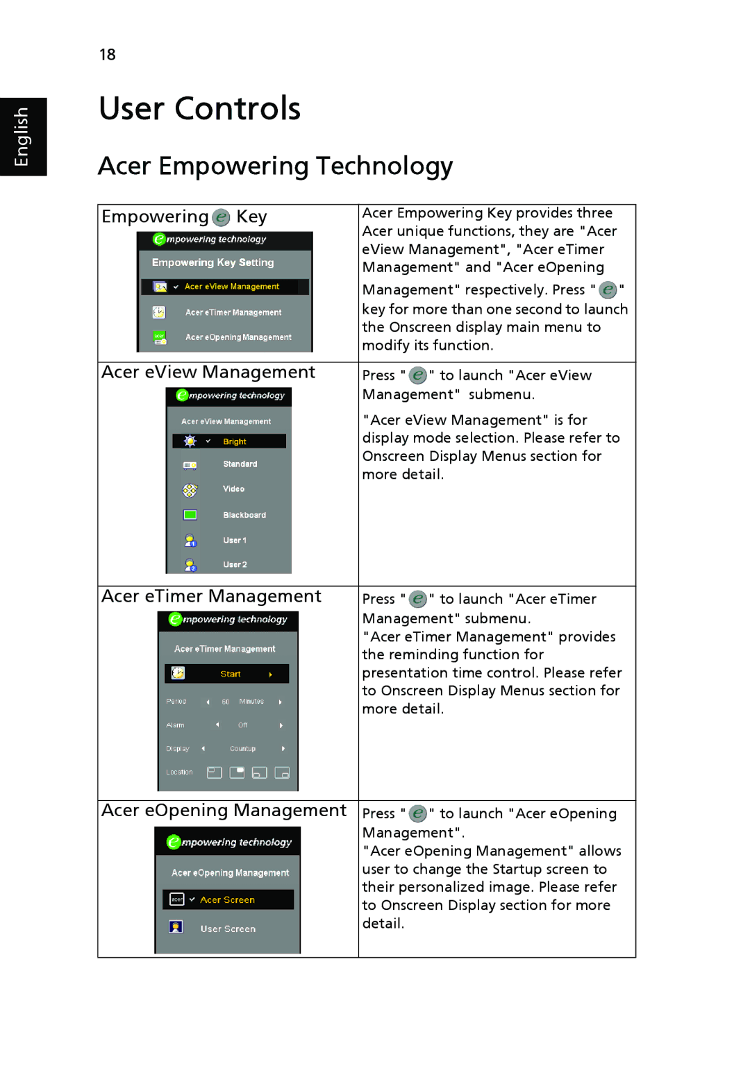 Acer P7270i, P7280i Series Acer Empowering Technology, Empowering Key, Acer eView Management, Acer eTimer Management 