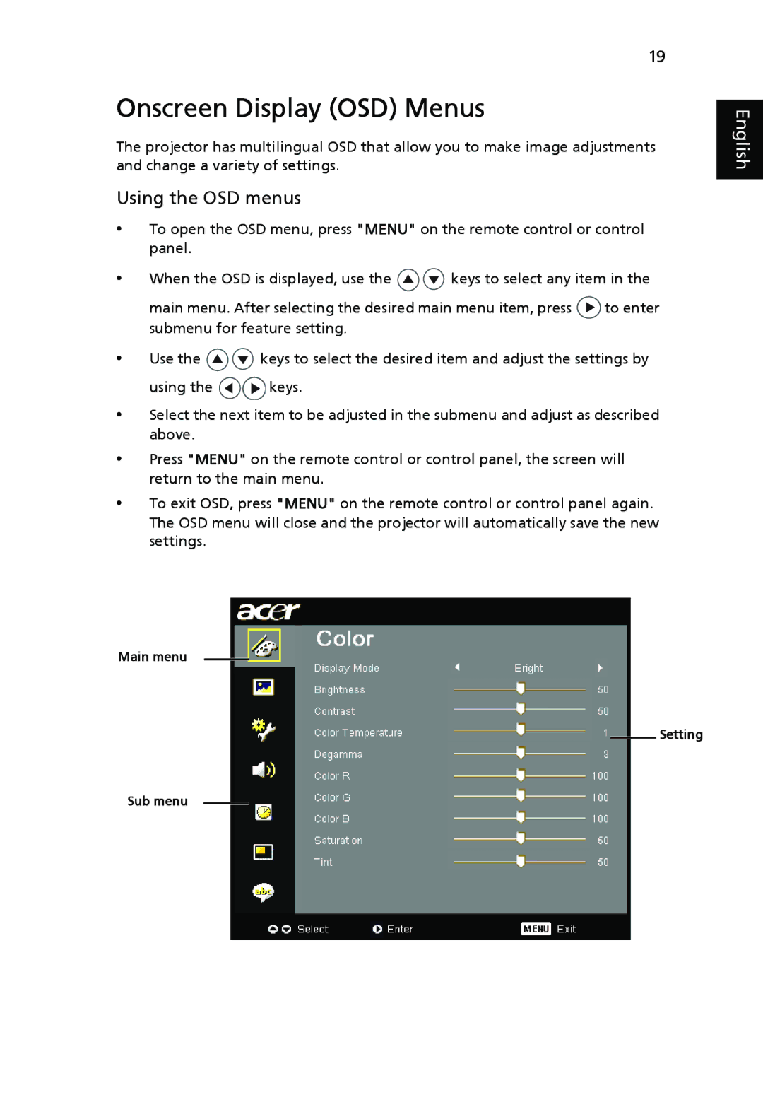 Acer P7270i, P7280i Series manual Onscreen Display OSD Menus, Using the OSD menus 