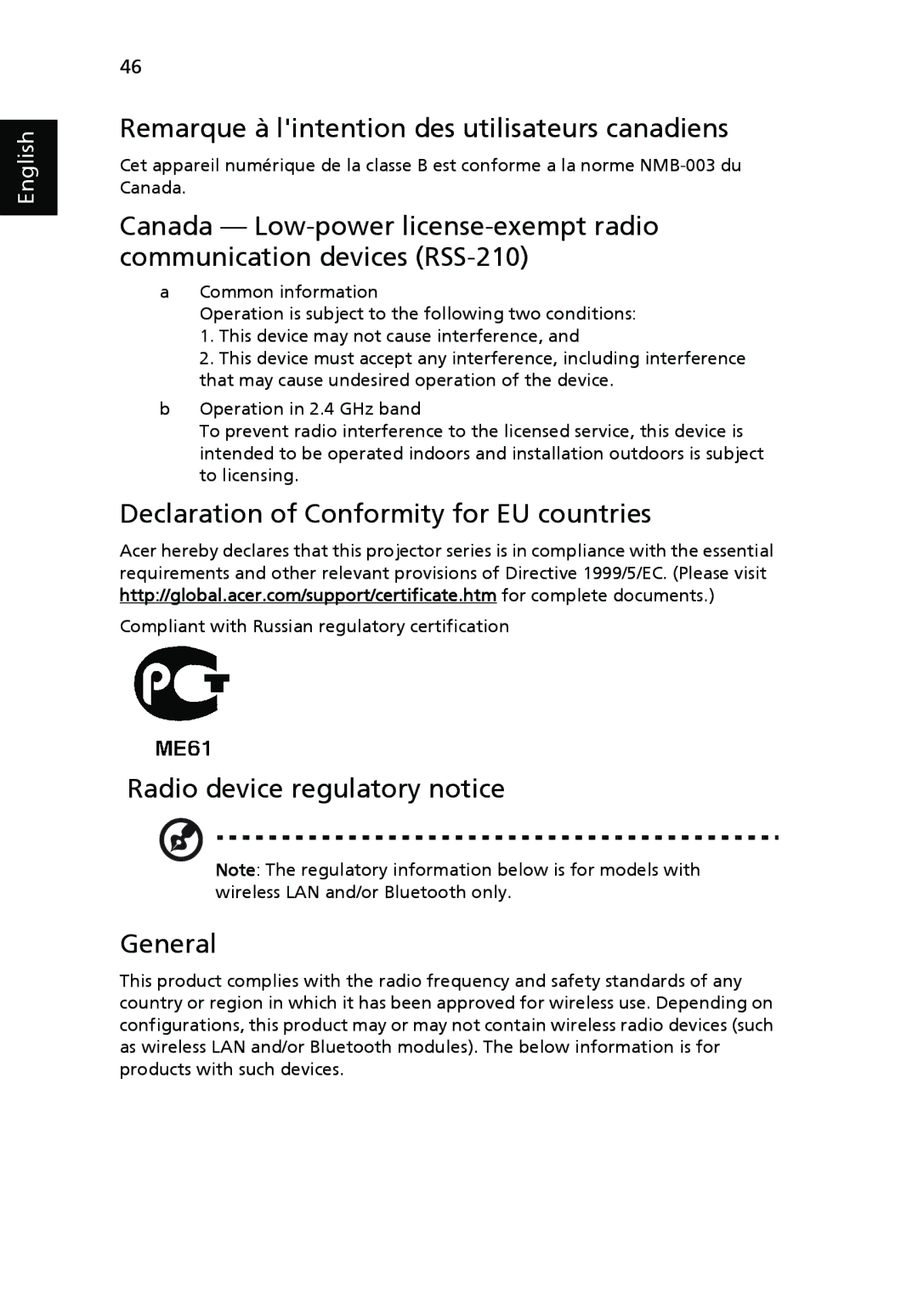 Acer P7270i, P7280i Series Remarque à lintention des utilisateurs canadiens, Declaration of Conformity for EU countries 