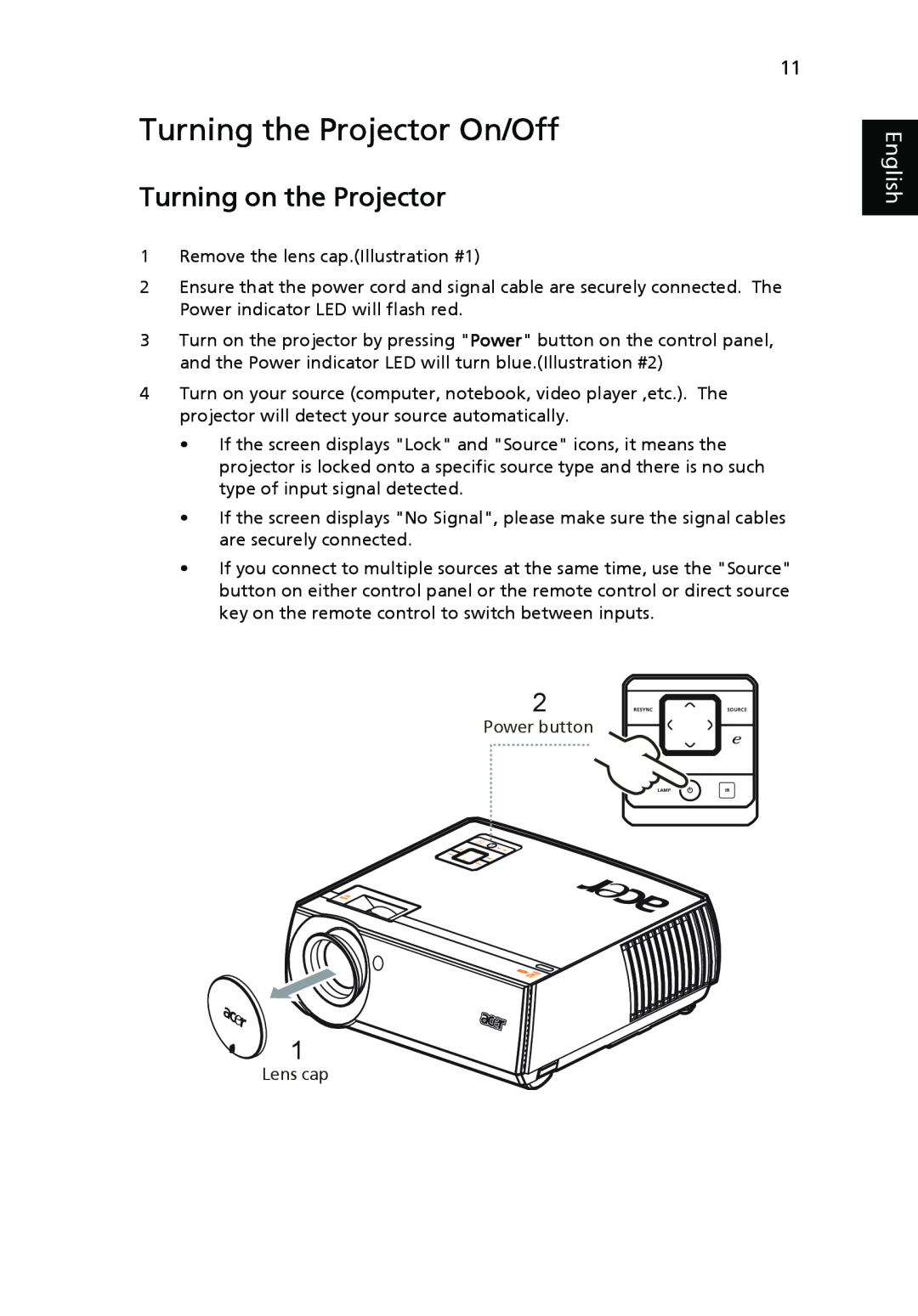 Acer P7270i, P7280i Series manual Turning the Projector On/Off, Turning on the Projector, English 