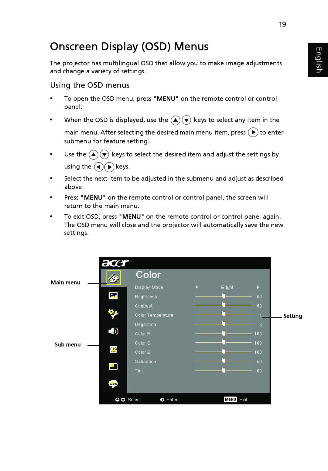Acer P7270i, P7280i Series manual Onscreen Display OSD Menus, Using the OSD menus, English 