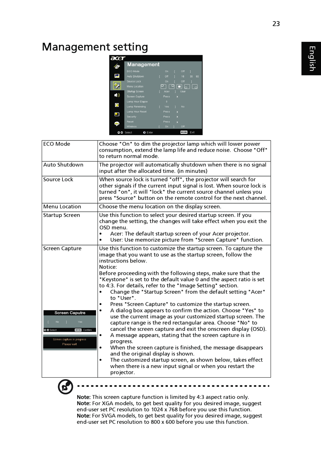 Acer P7270i, P7280i Series manual Management setting, English 