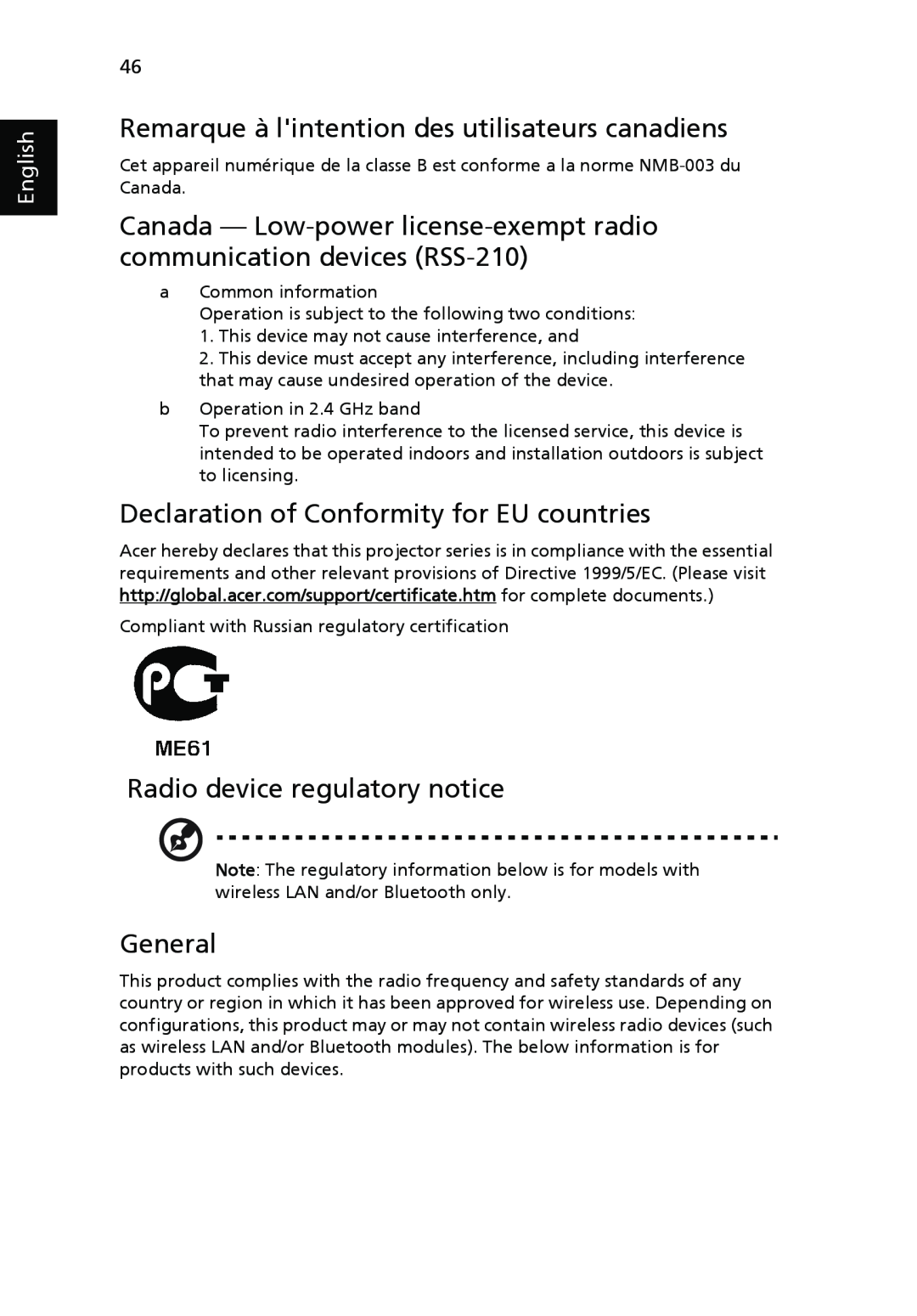 Acer P7270 Remarque à lintention des utilisateurs canadiens, Declaration of Conformity for EU countries, General, English 