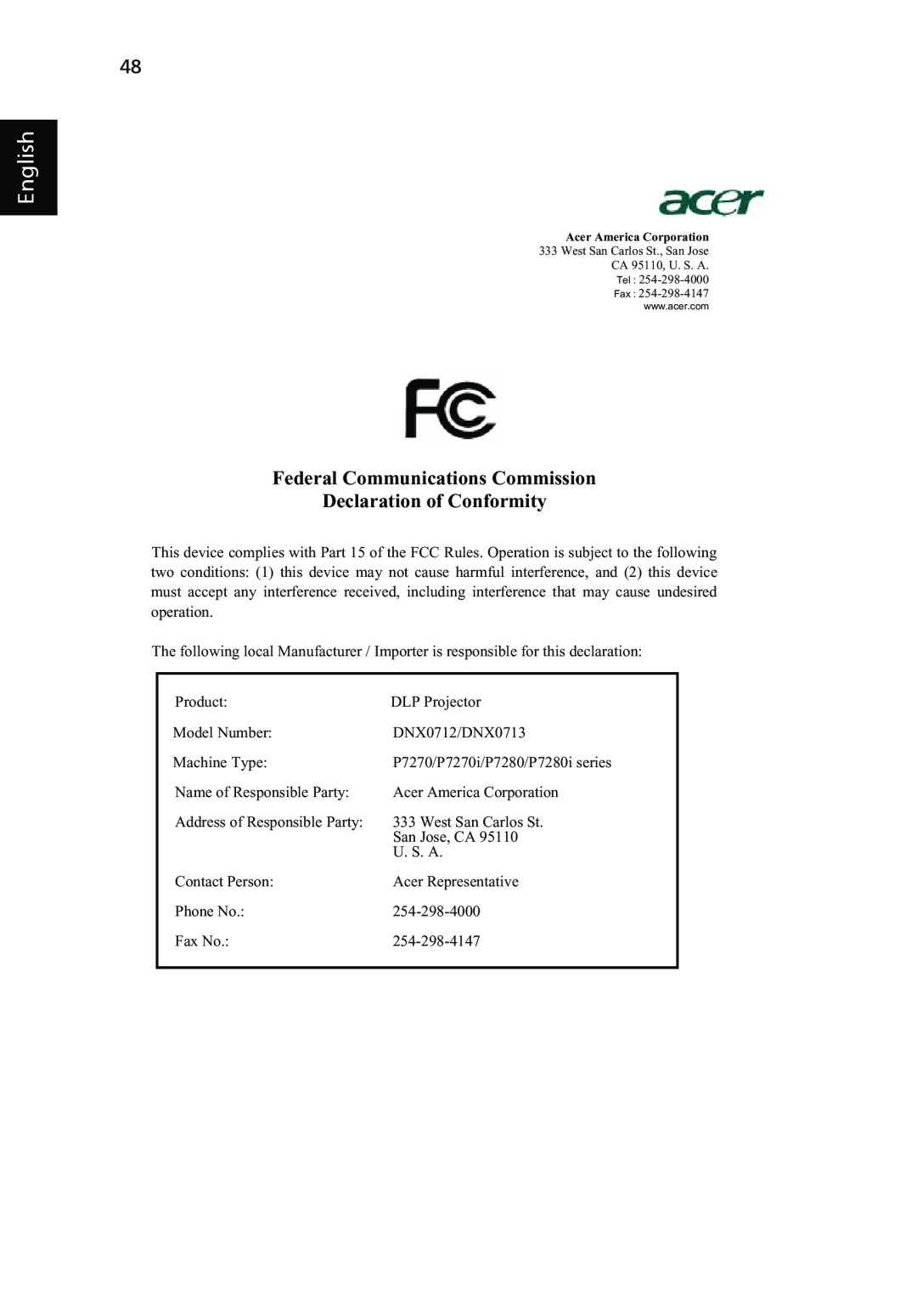 Acer P7270i, P7280i Series manual English, Federal Communications Commission Declaration of Conformity 