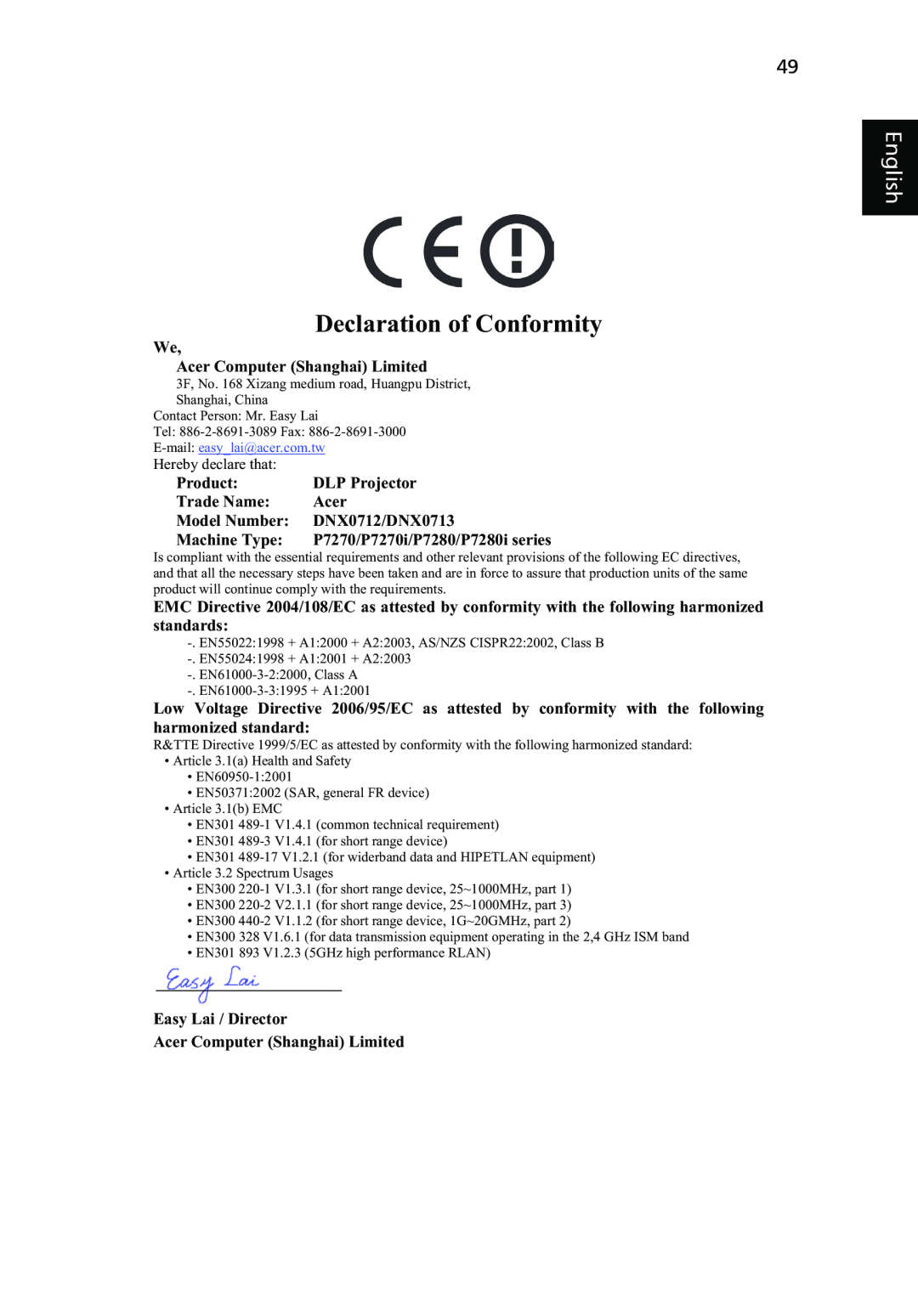 Acer P7280i Series, P7270i manual Declaration of Conformity, English 