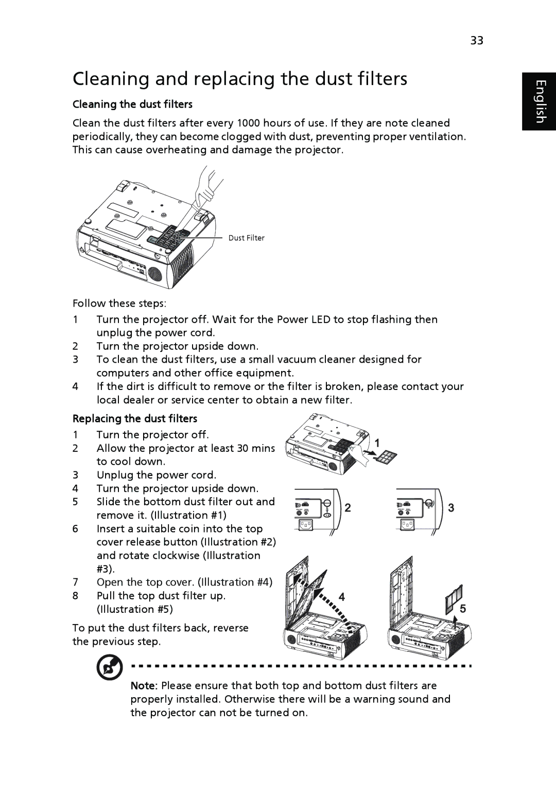 Acer P7280I manual Cleaning and replacing the dust filters, Cleaning the dust filters 