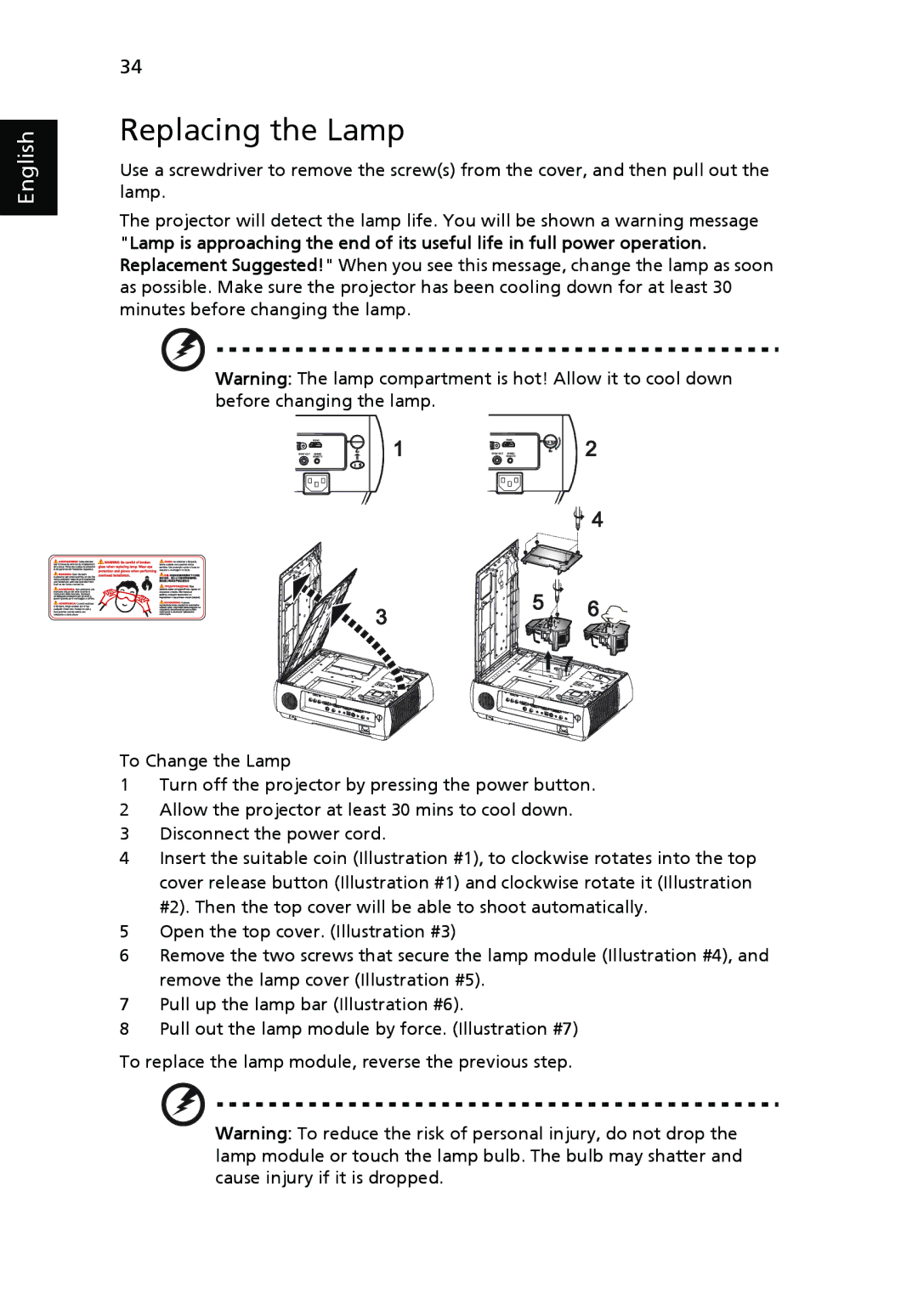 Acer P7280I manual Replacing the Lamp 