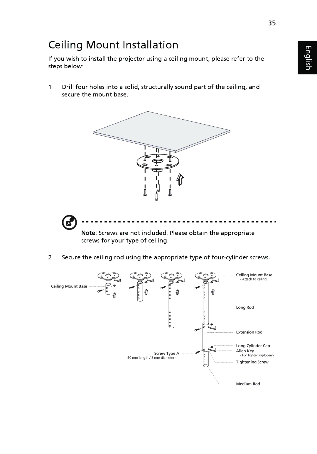 Acer P7280I manual Ceiling Mount Installation 