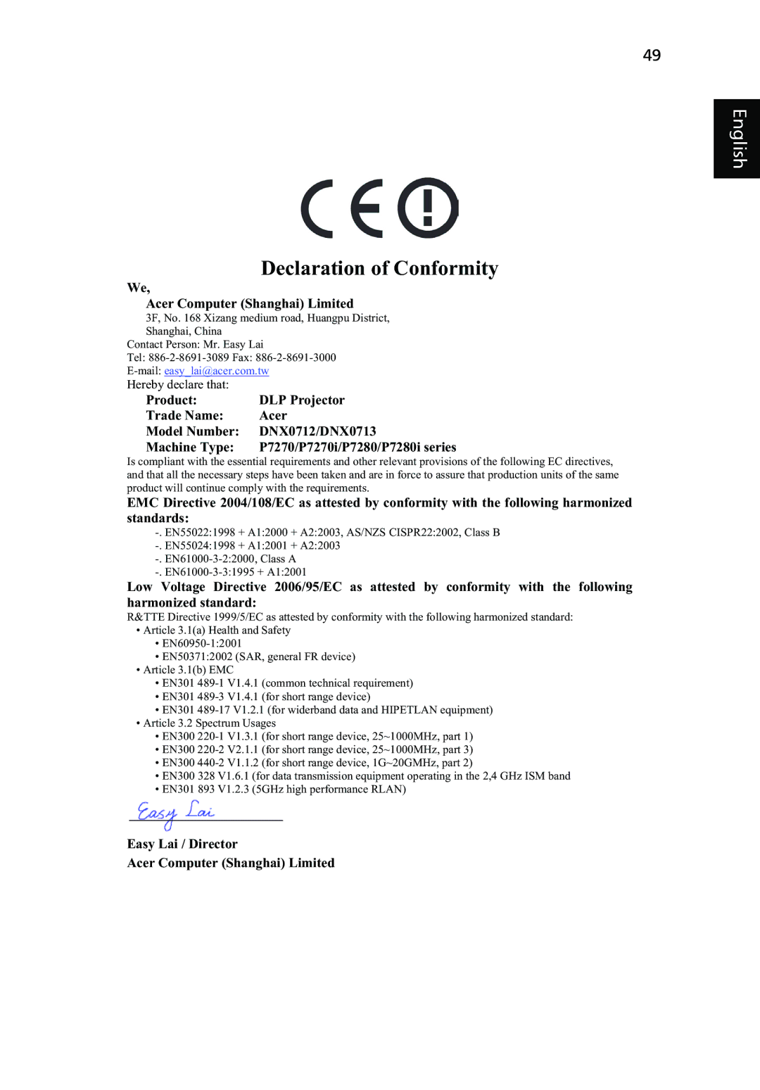 Acer P7280I manual Declaration of Conformity 