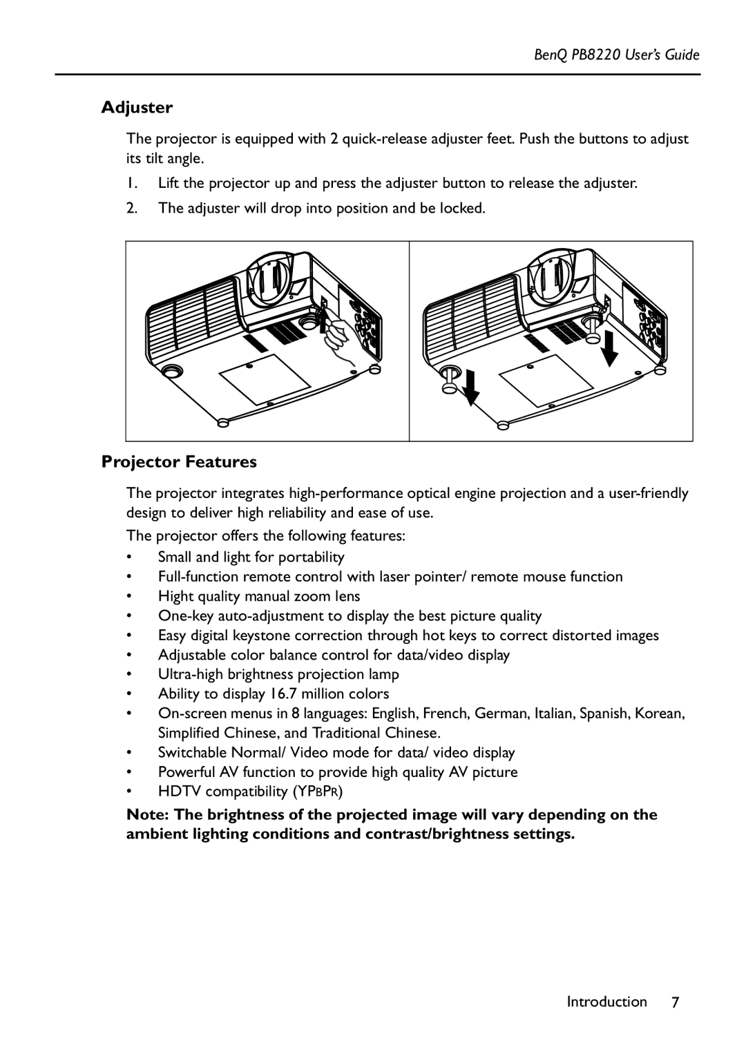 Acer PB8220 manual Adjuster, Projector Features 