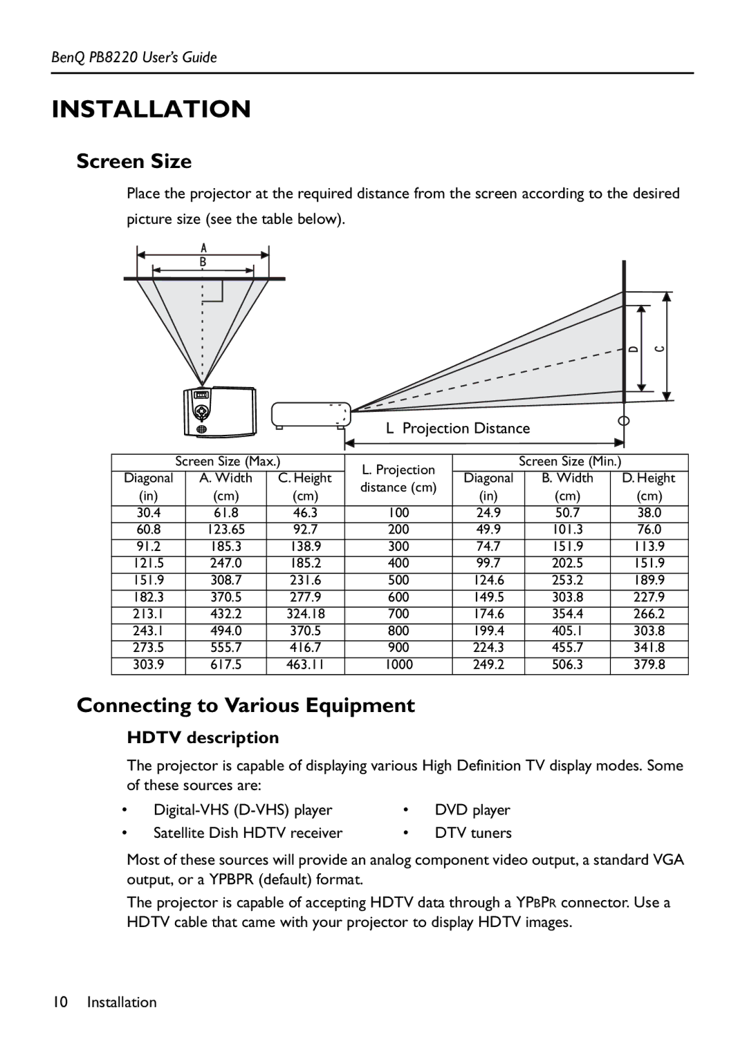 Acer PB8220 manual Installation, Screen Size, Connecting to Various Equipment, Hdtv description 