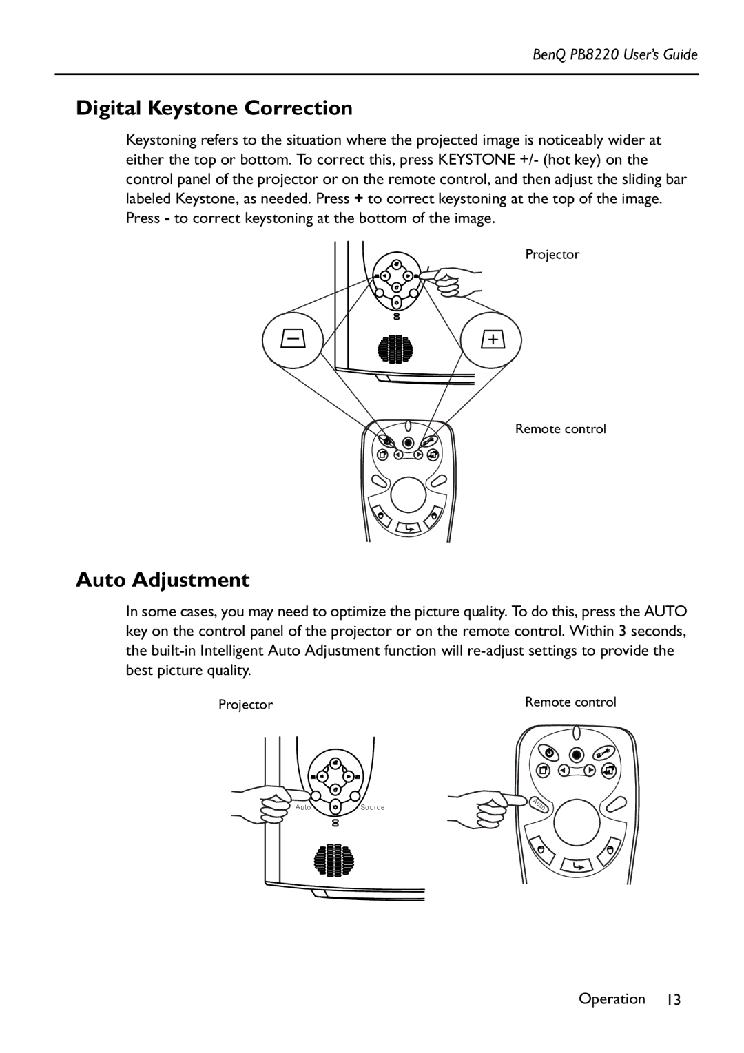 Acer PB8220 manual Digital Keystone Correction, Auto Adjustment 