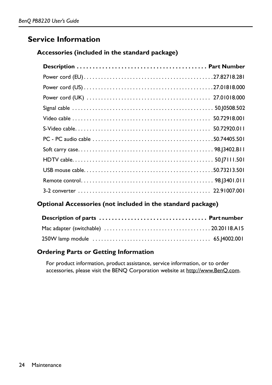 Acer PB8220 manual Service Information, Accessories included in the standard package, Ordering Parts or Getting Information 