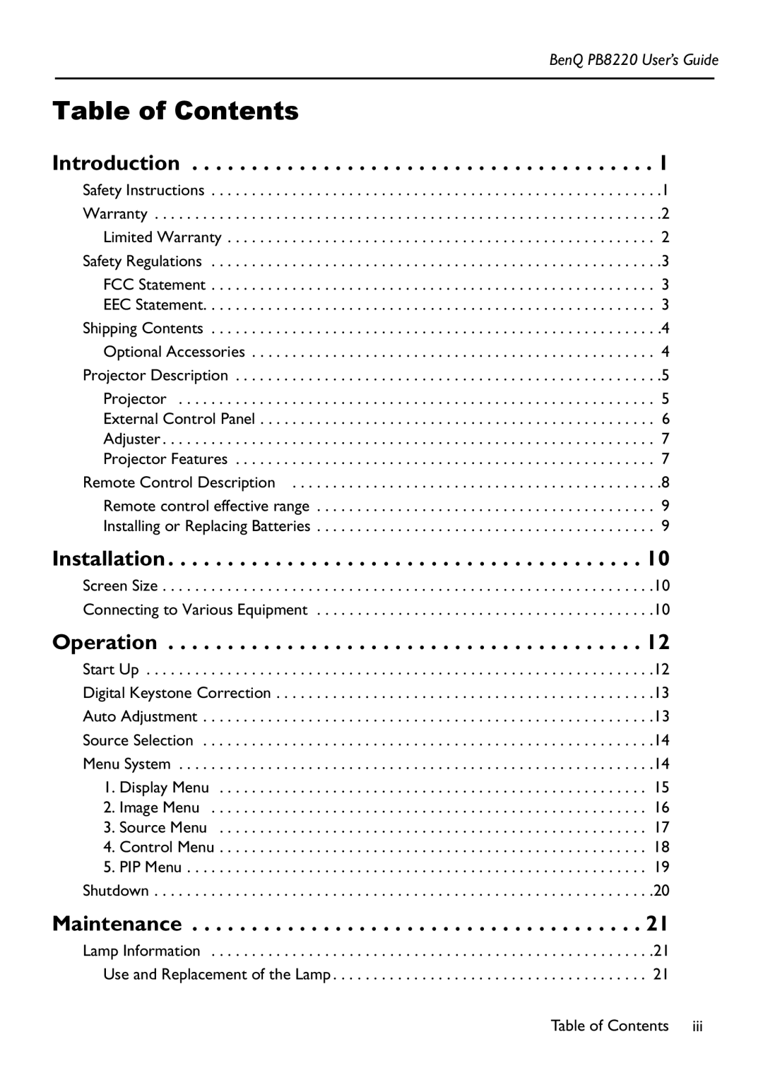 Acer PB8220 manual Table of Contents 