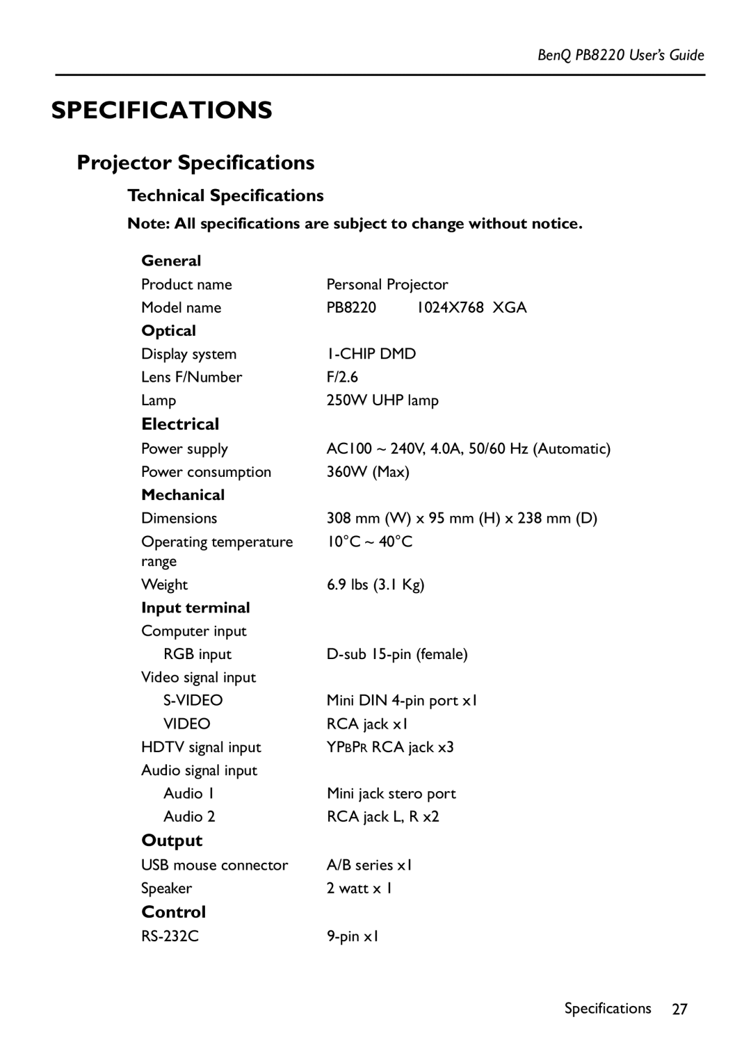 Acer PB8220 manual Projector Specifications 