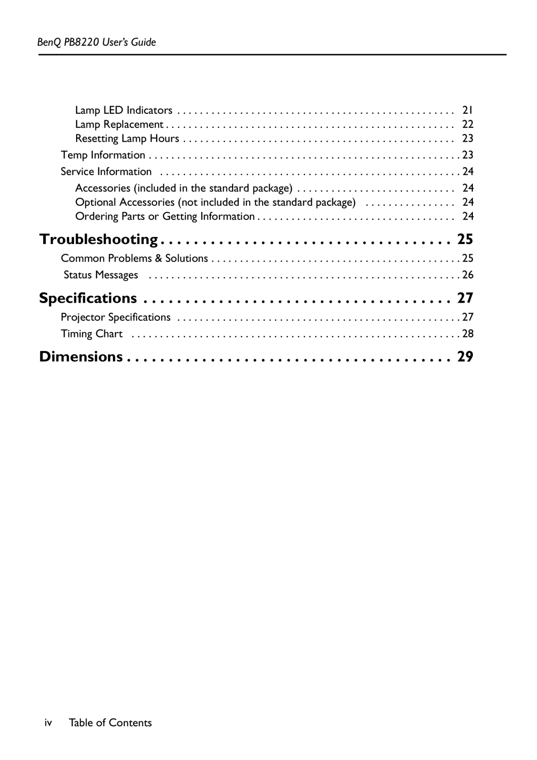 Acer PB8220 manual Troubleshooting, Specifications, Dimensions 