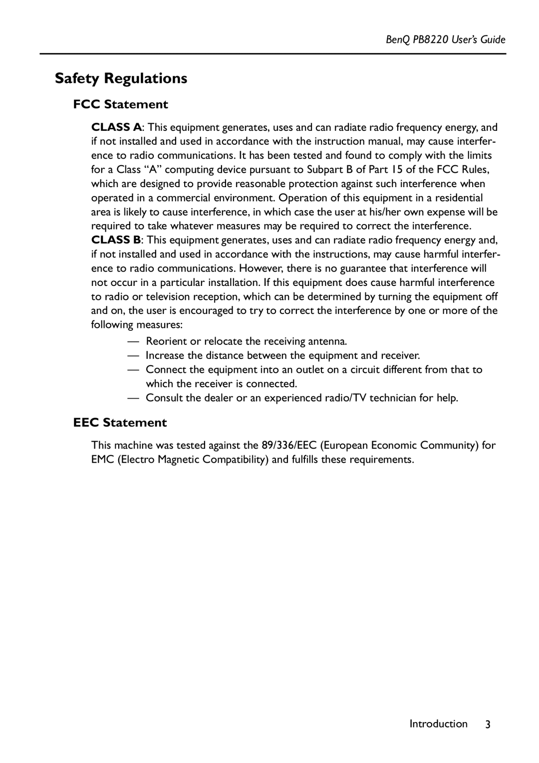 Acer PB8220 manual Safety Regulations, FCC Statement, EEC Statement 