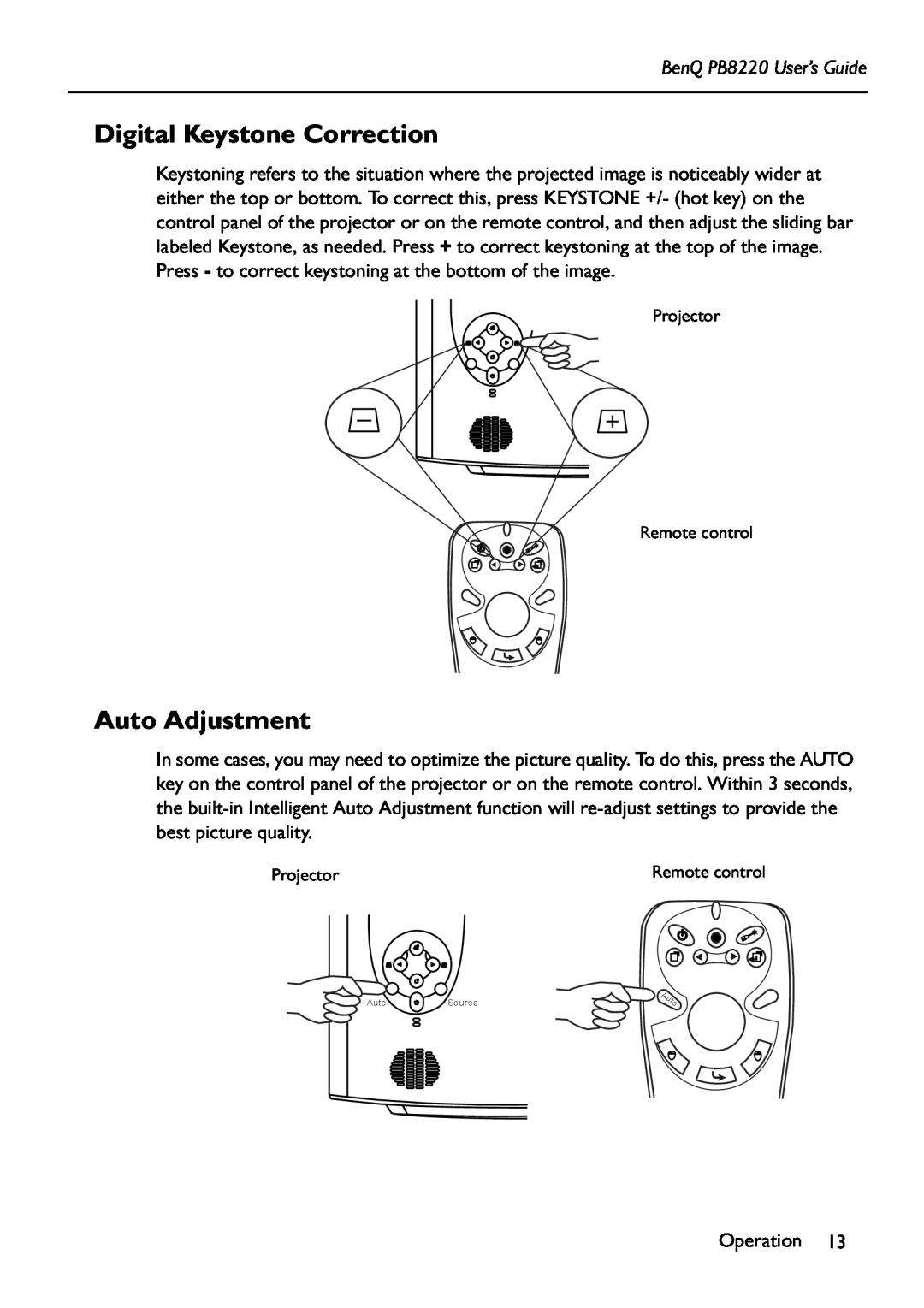 Acer manual Digital Keystone Correction, Auto Adjustment, BenQ PB8220 User’s Guide 