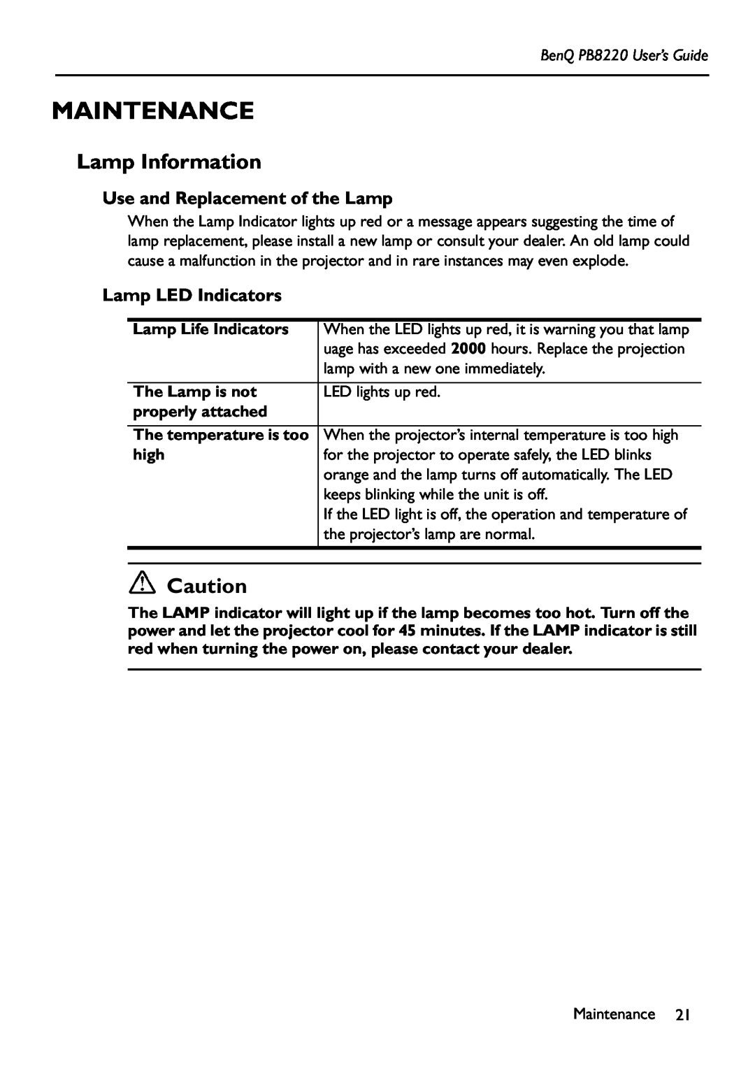 Acer Maintenance, Lamp Information, Use and Replacement of the Lamp, Lamp LED Indicators, BenQ PB8220 User’s Guide 