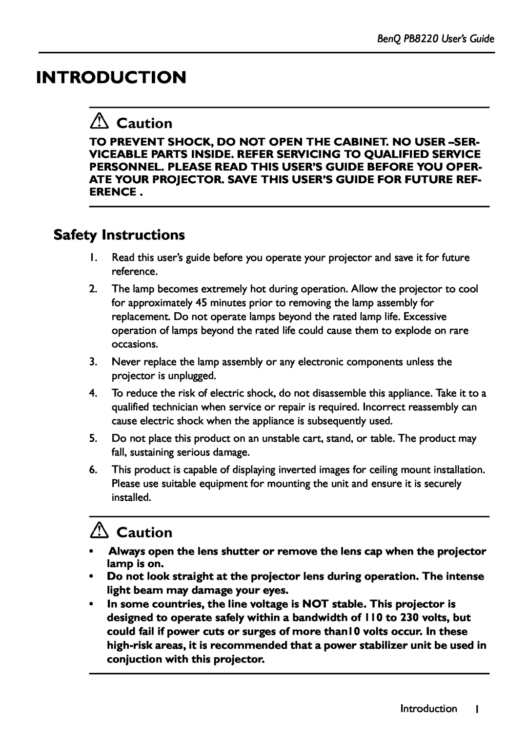 Acer manual Introduction, Safety Instructions, BenQ PB8220 User’s Guide 