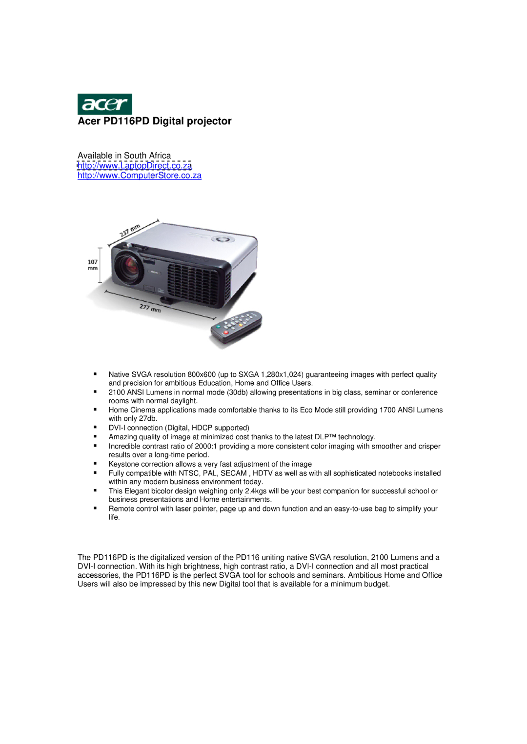 Acer manual Acer PD116PD Digital projector, Available in South Africa 