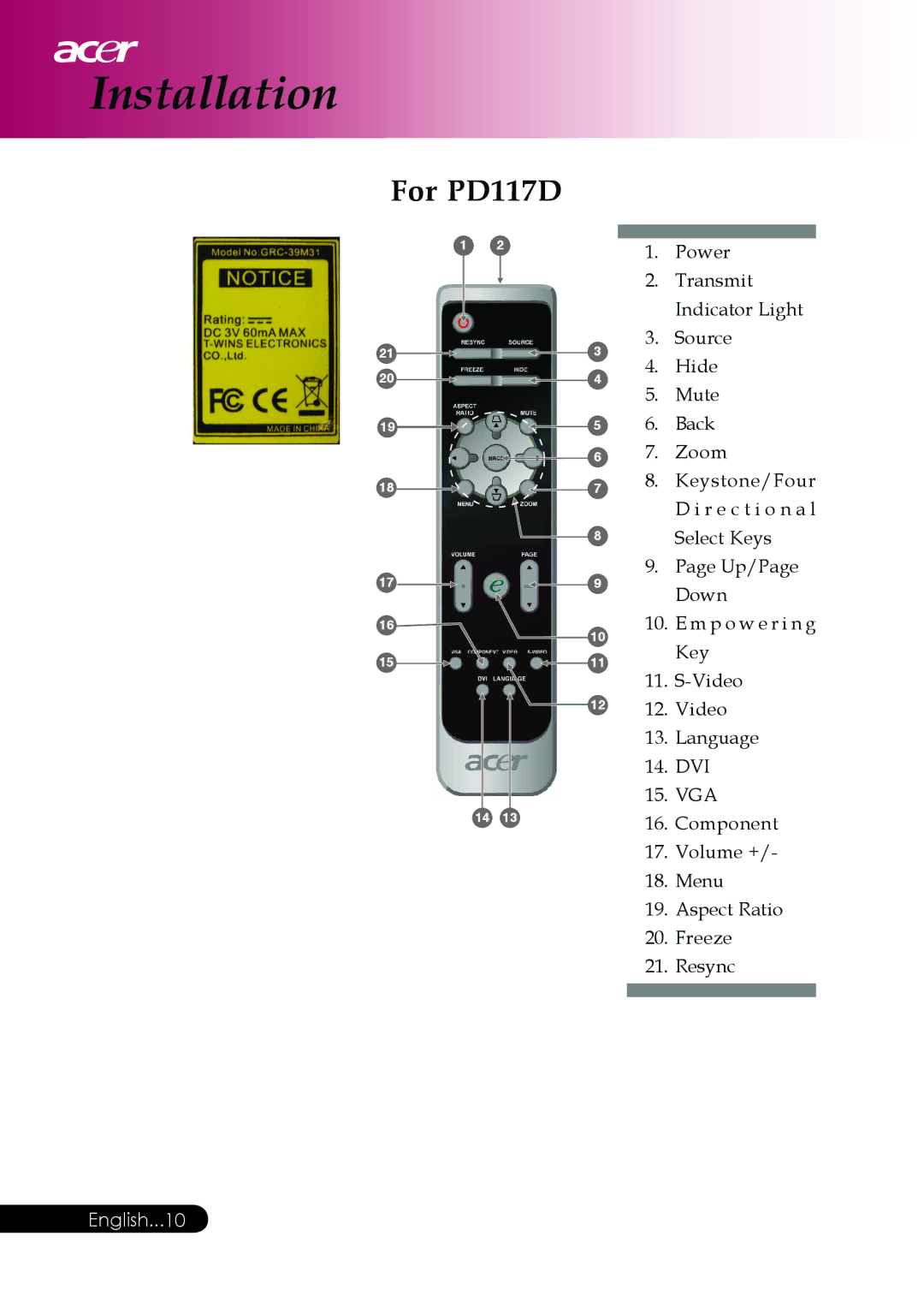 Acer PD117D series, PD126D series manual Installation, For PD117D 