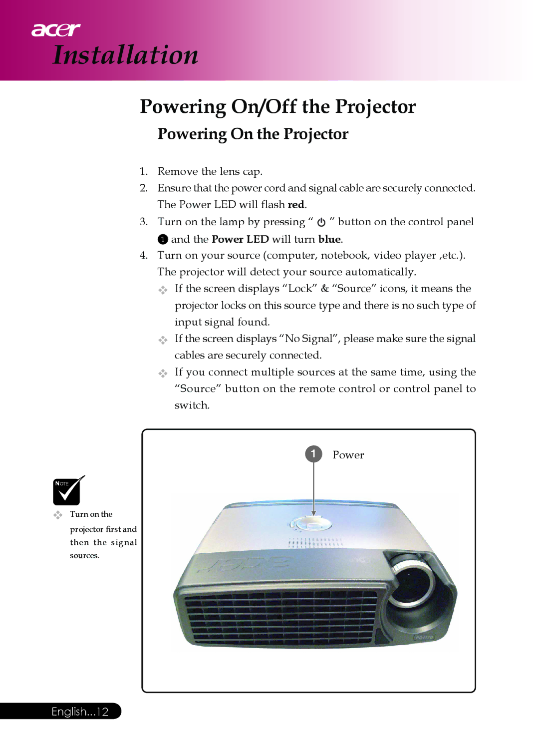 Acer PD117D series, PD126D series manual Powering On/Off the Projector, Powering On the Projector 