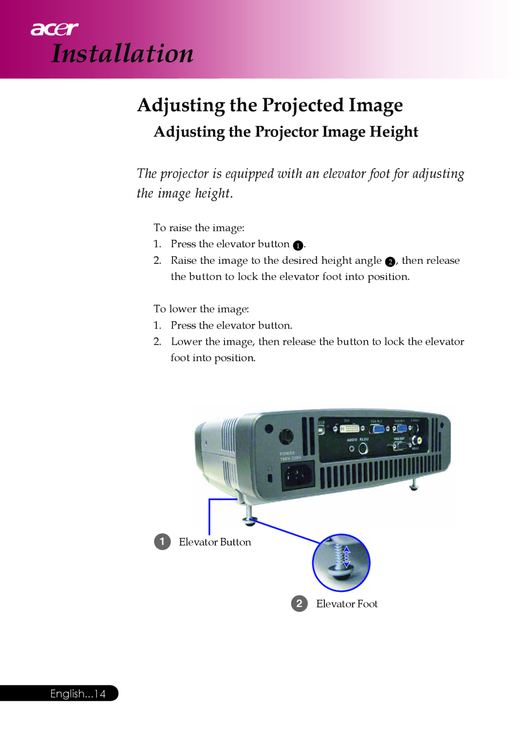 Acer PD117D series, PD126D series manual Adjusting the Projected Image, Adjusting the Projector Image Height 