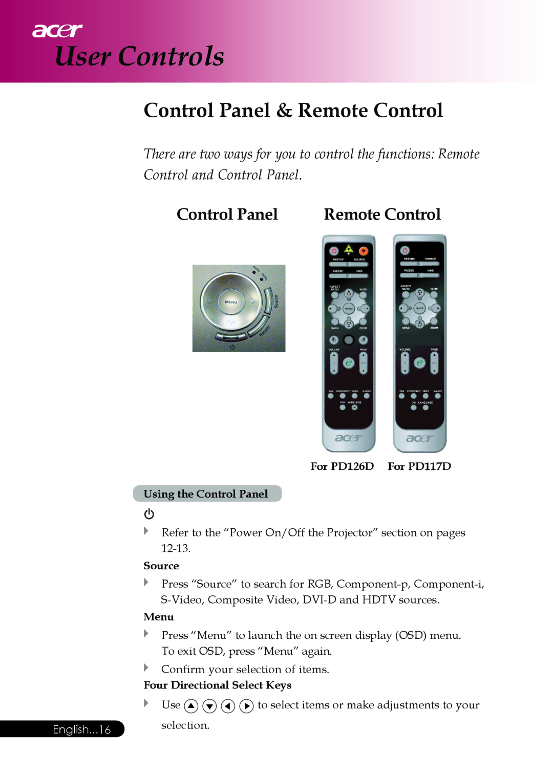 Acer PD117D series, PD126D series manual User Controls, Control Panel & Remote Control, Control Panel Remote Control 