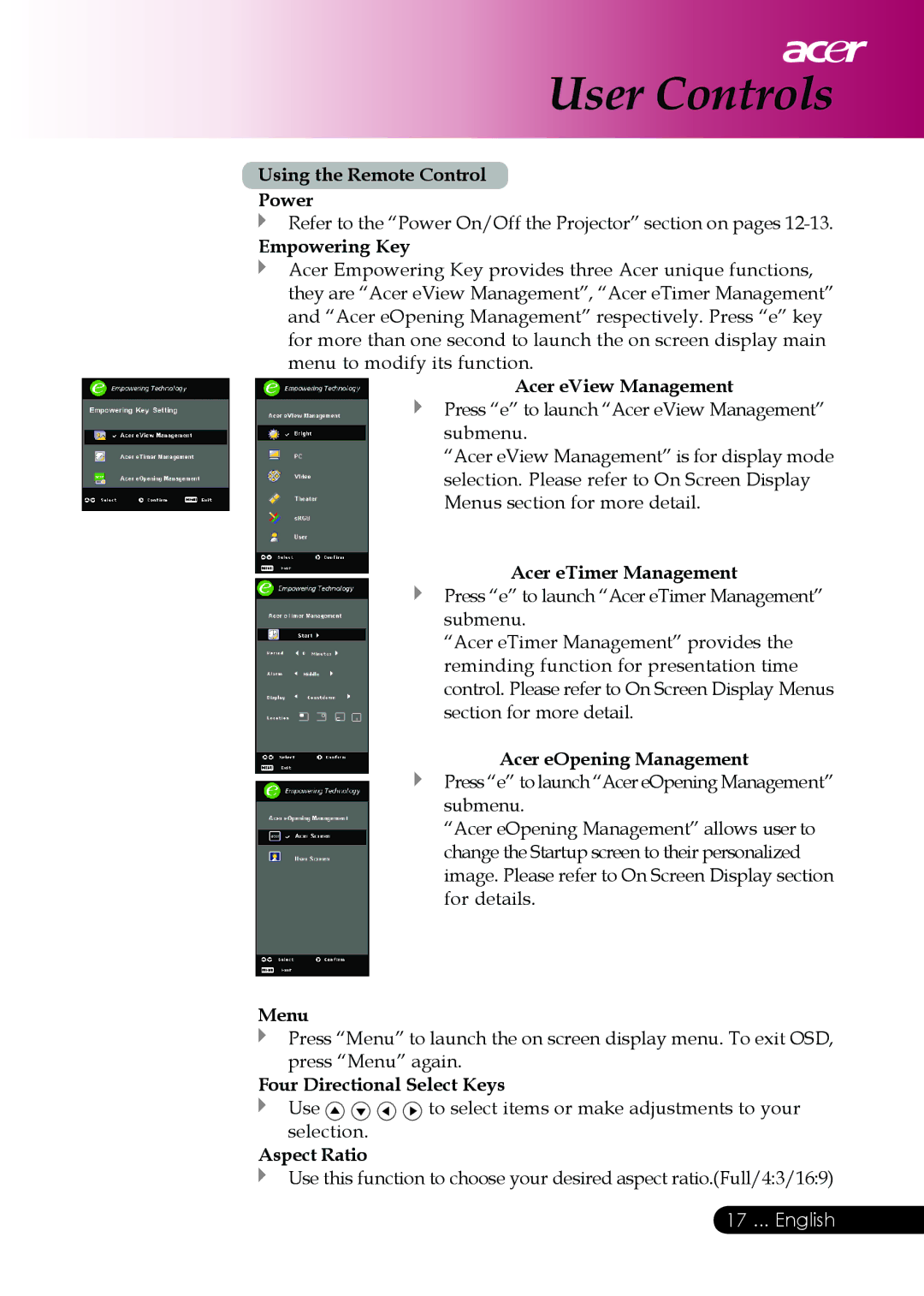 Acer PD126D series manual Using the Remote Control Power, Empowering Key, Acer eView Management, Acer eTimer Management 