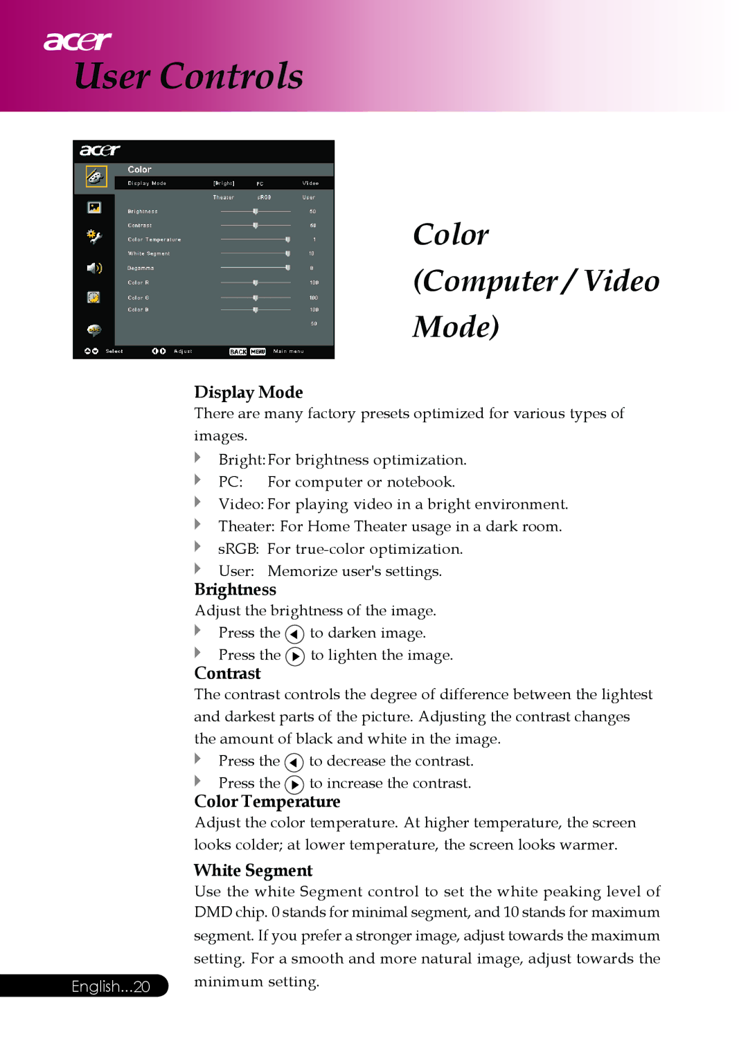 Acer PD117D series, PD126D series manual Color Computer / Video Mode, Display Mode 