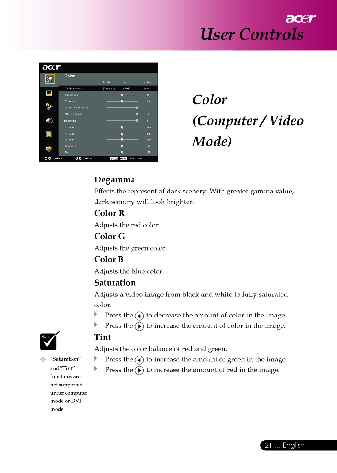 Acer PD126D series, PD117D series manual Degamma, Color R, Color G, Color B, Saturation, Tint 