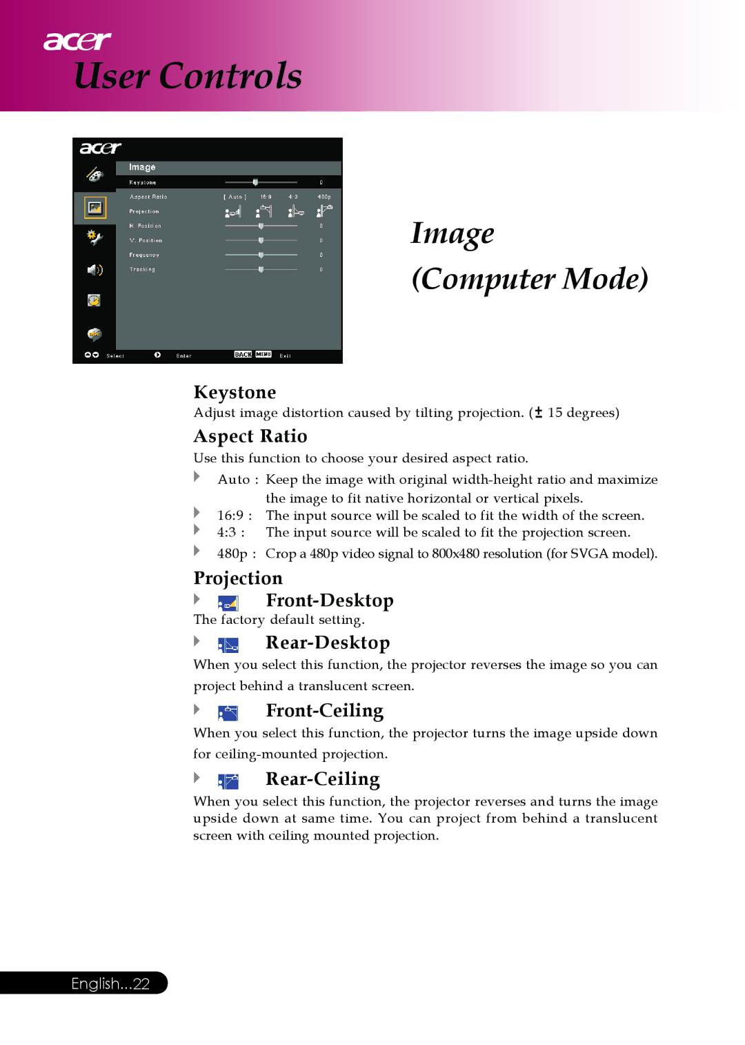 Acer PD117D series, PD126D series manual Image Computer Mode 