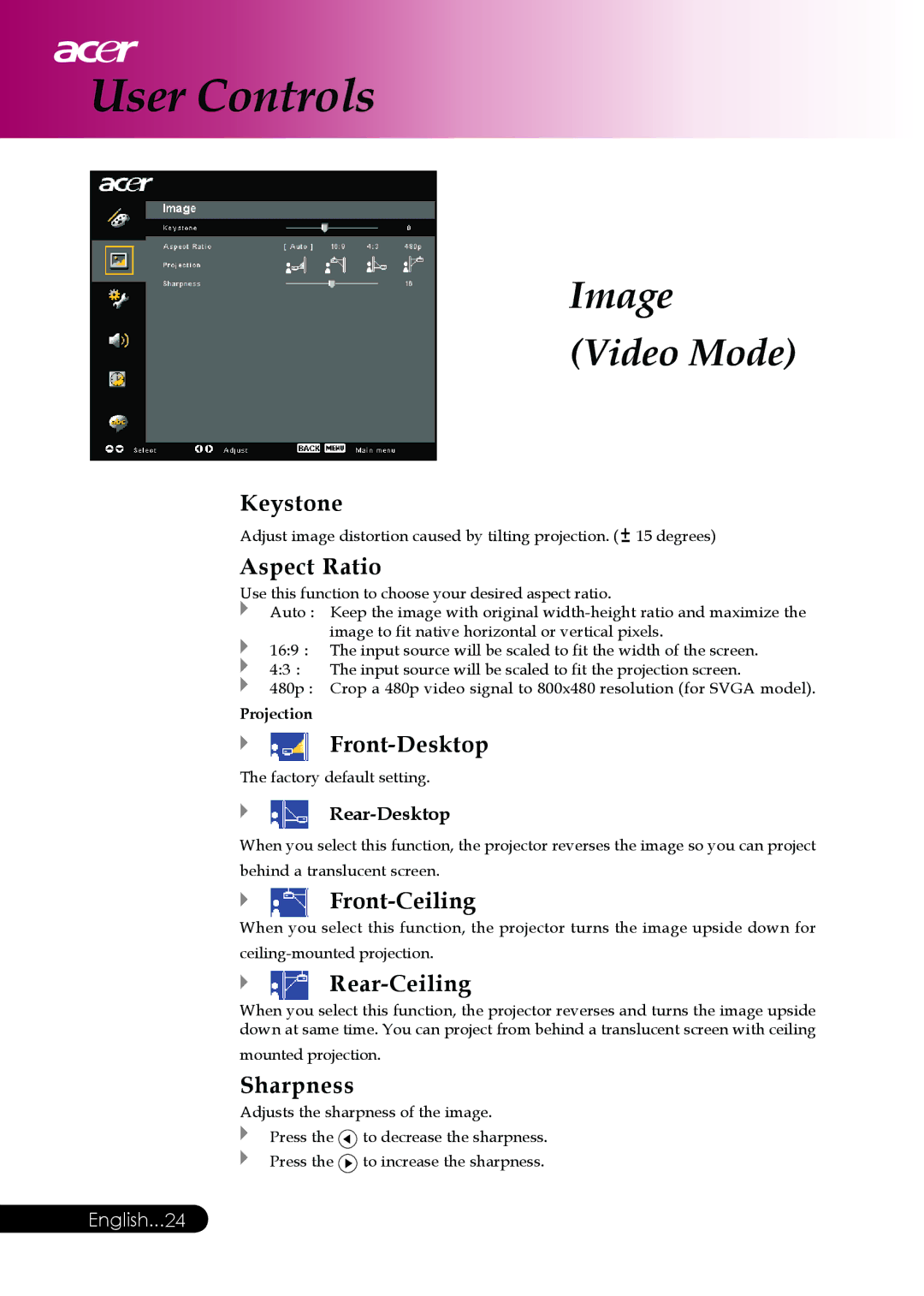 Acer PD117D series, PD126D series manual Image Video Mode, Sharpness, Rear-Desktop 