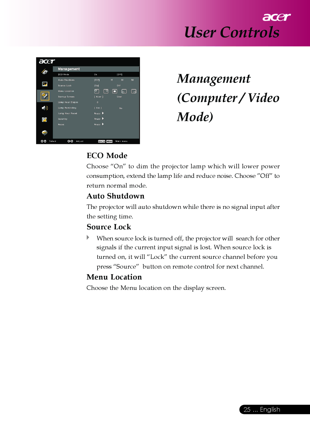 Acer PD126D series, PD117D series Management Computer / Video Mode, ECO Mode, Auto Shutdown, Source Lock, Menu Location 