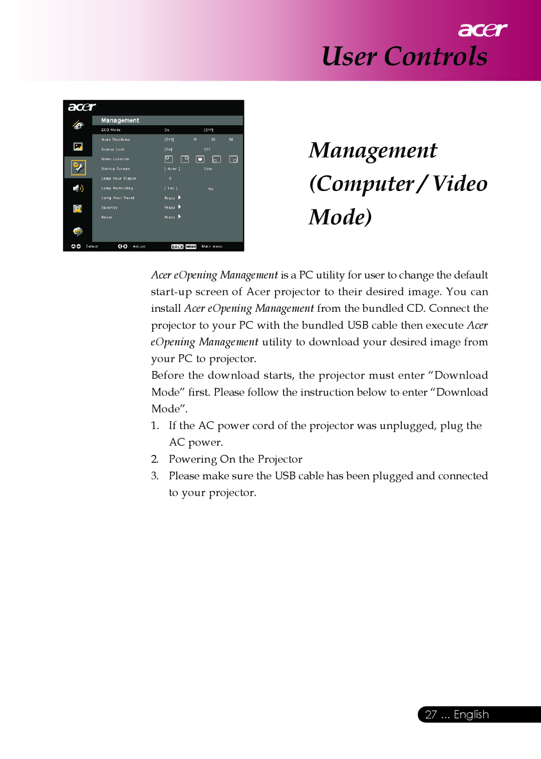 Acer PD126D series, PD117D series manual User Controls 