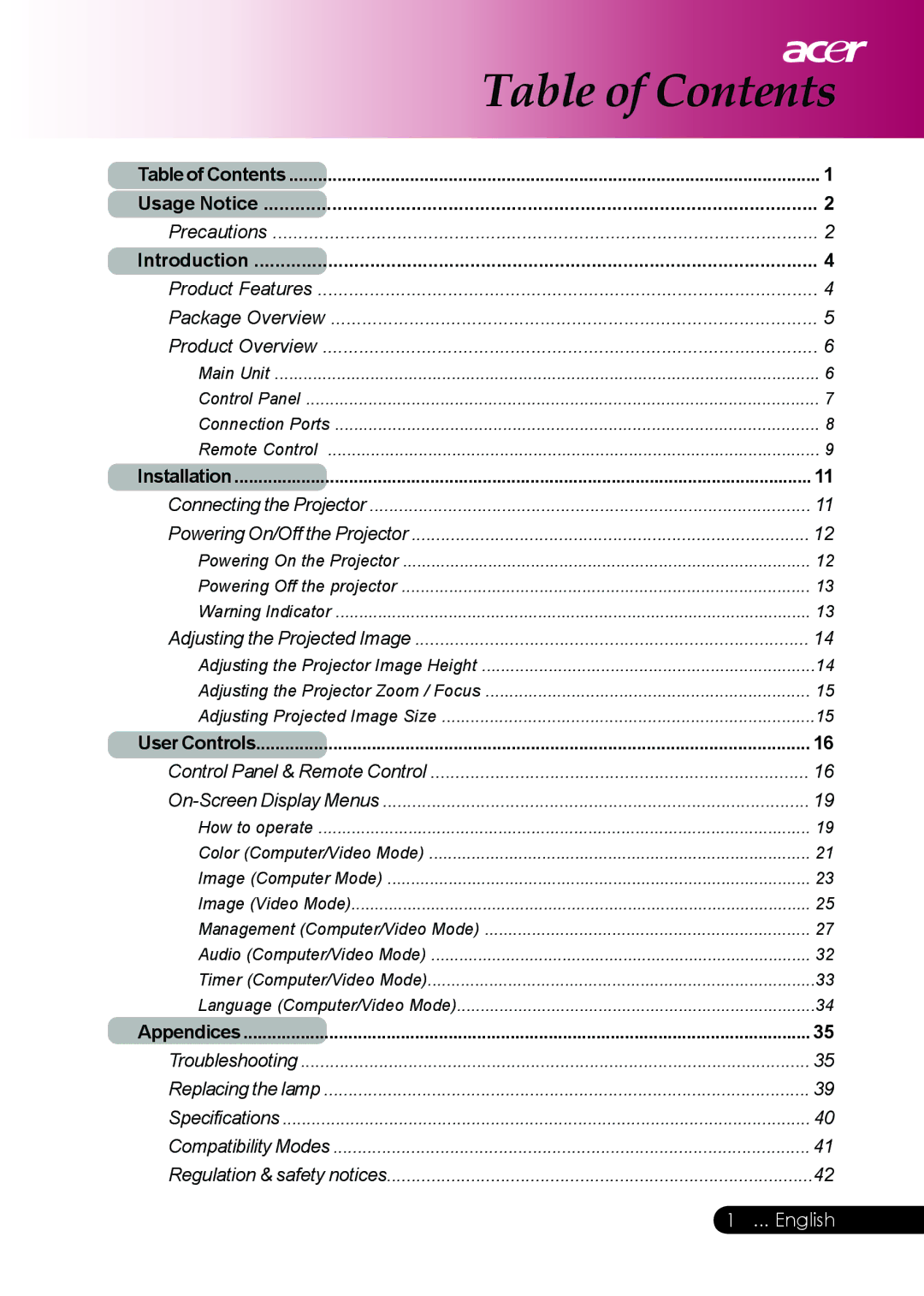 Acer PD126D series, PD117D series manual Table of Contents 