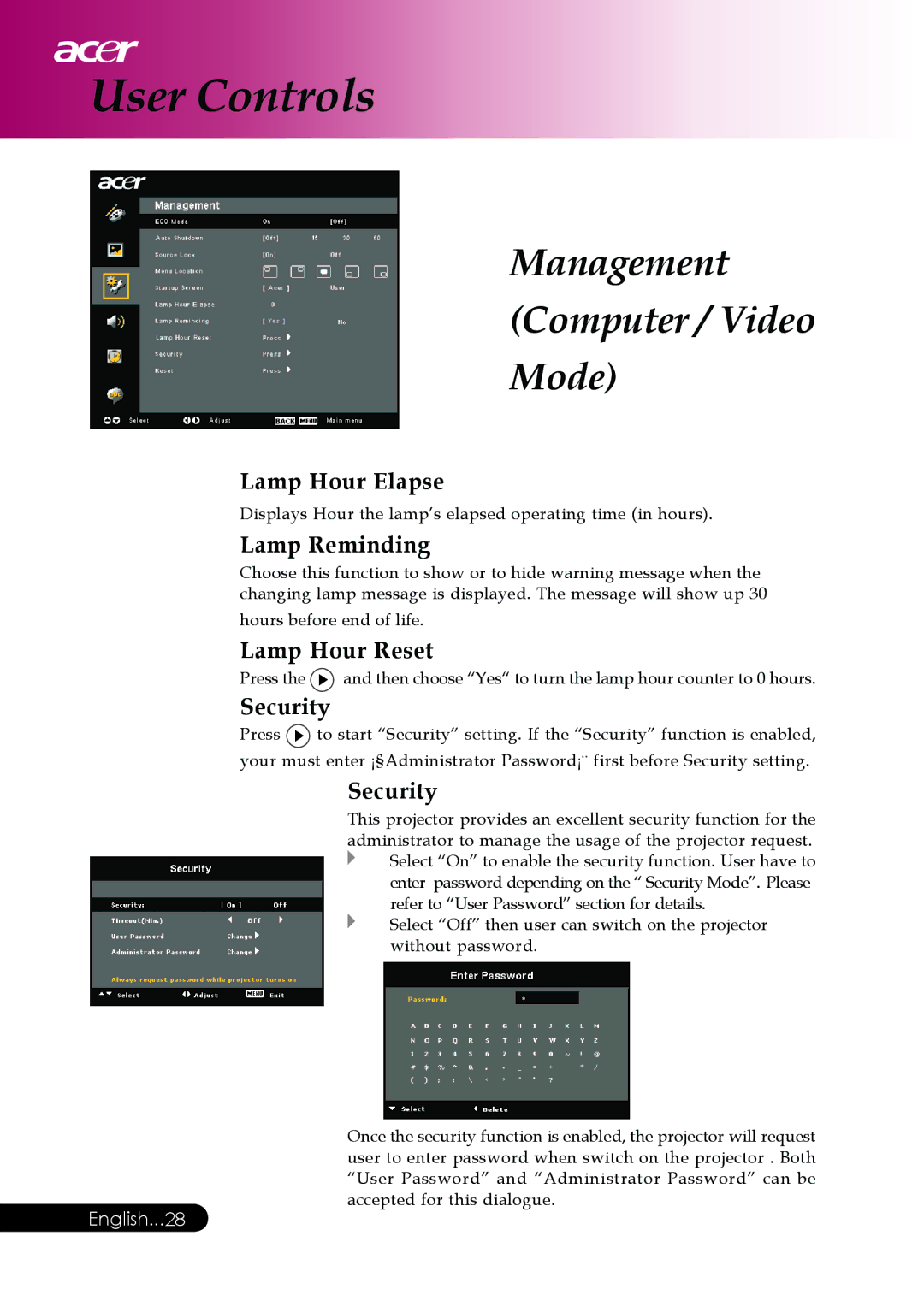 Acer PD117D series, PD126D series manual Lamp Hour Elapse, Lamp Reminding, Lamp Hour Reset, Security 